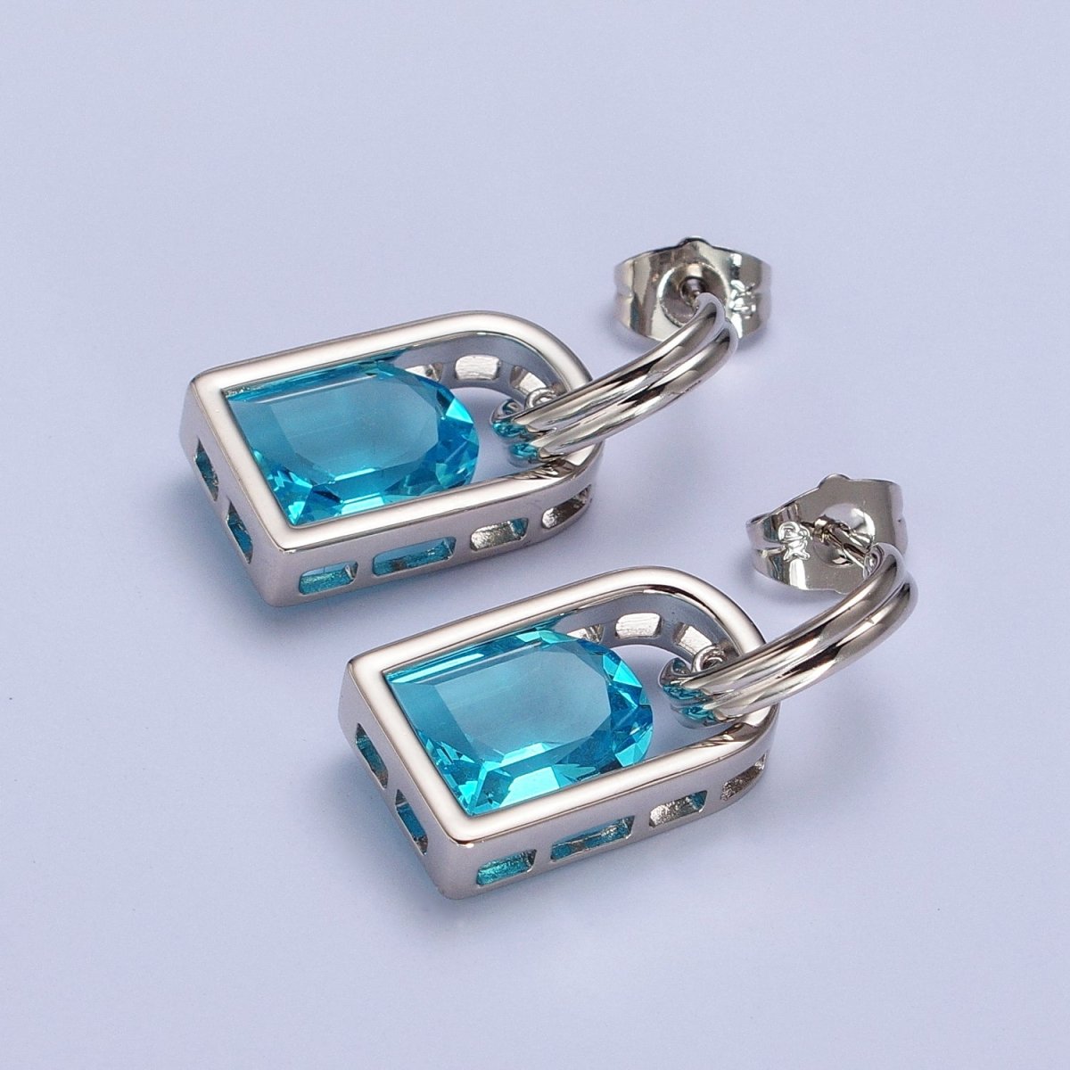 Blue, Pink, Orange, Yellow, Purple, Red, Clear Capsule Drop Dangle J-Shaped Silver Earrings | AB278 - AB284