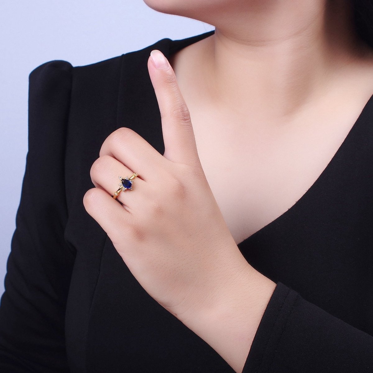 OS Blue Sapphire Teardrop Cubic Zirconia Gold Adjustable Ring S-309