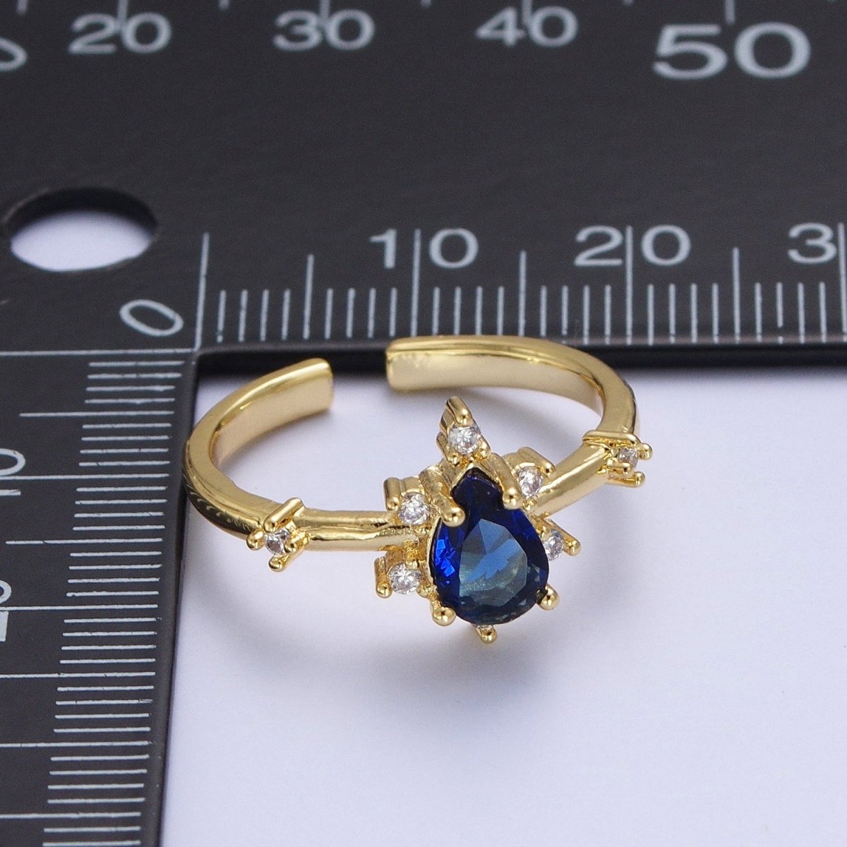 OS Blue Sapphire Teardrop Cubic Zirconia Gold Adjustable Ring S-309