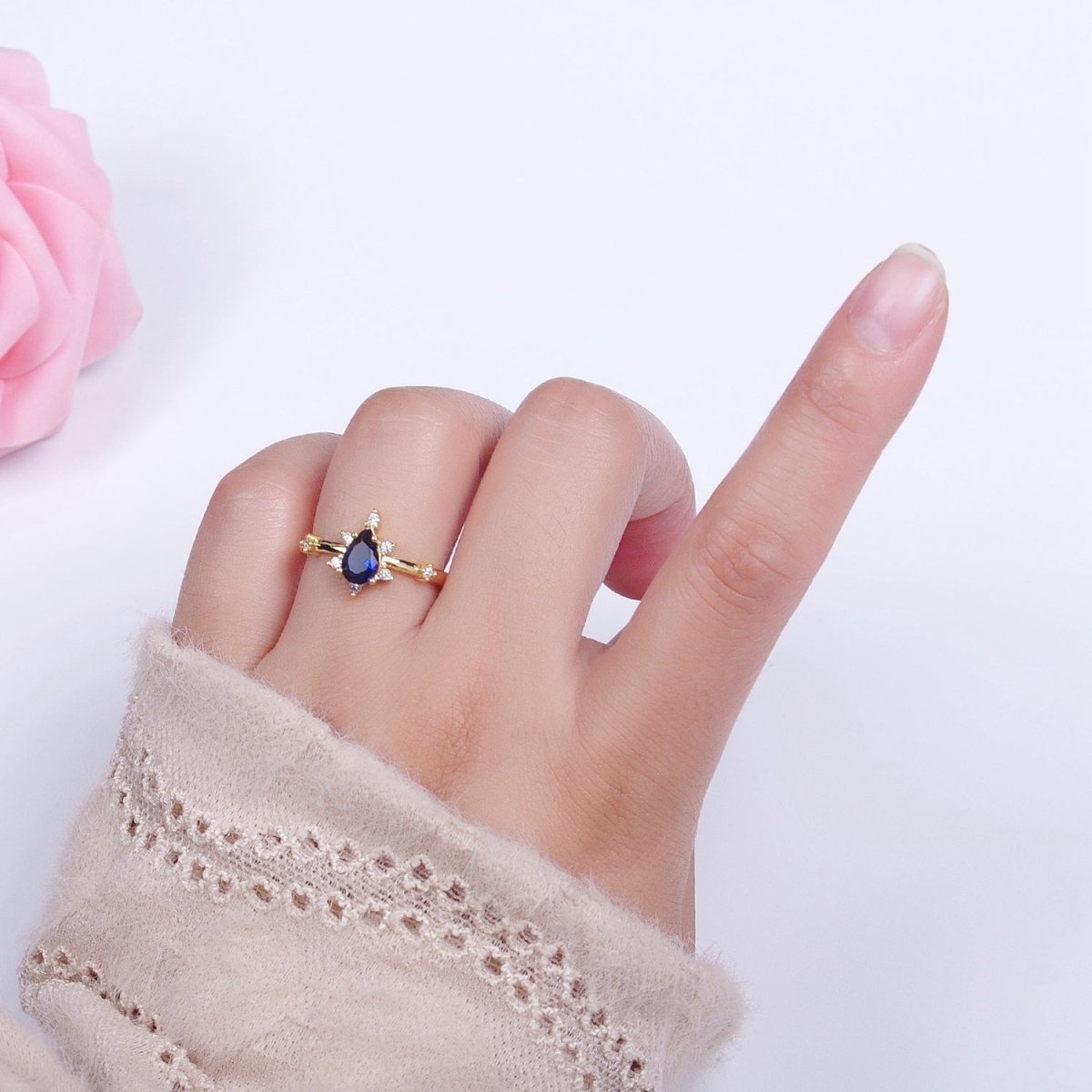 OS Blue Sapphire Teardrop Cubic Zirconia Gold Adjustable Ring S-309