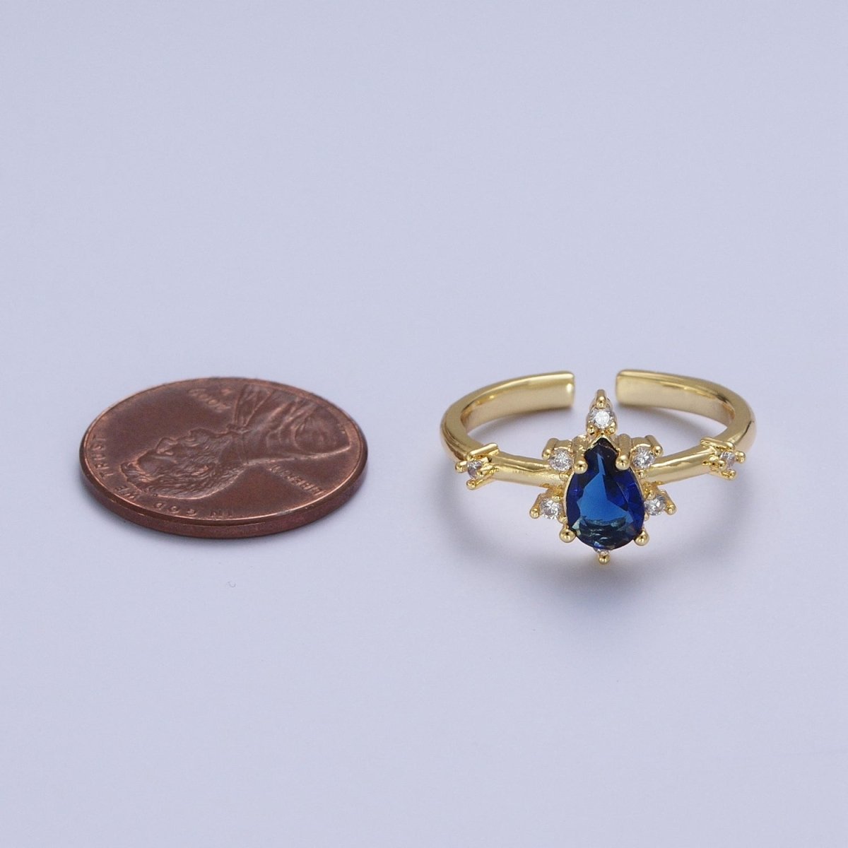 OS Blue Sapphire Teardrop Cubic Zirconia Gold Adjustable Ring S-309
