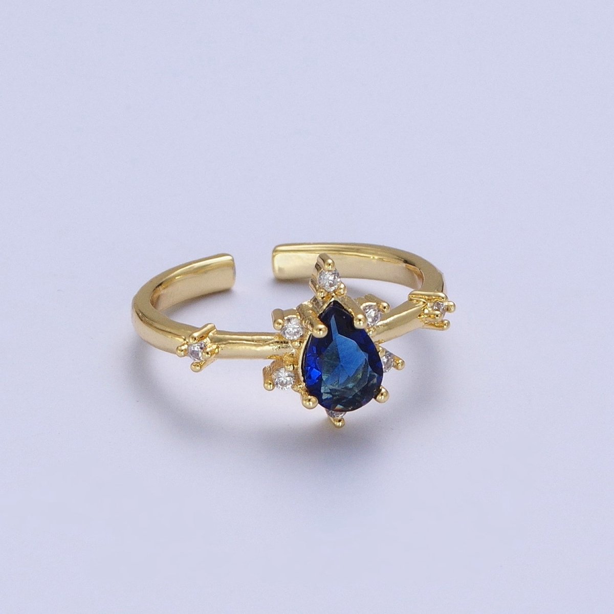 OS Blue Sapphire Teardrop Cubic Zirconia Gold Adjustable Ring S-309