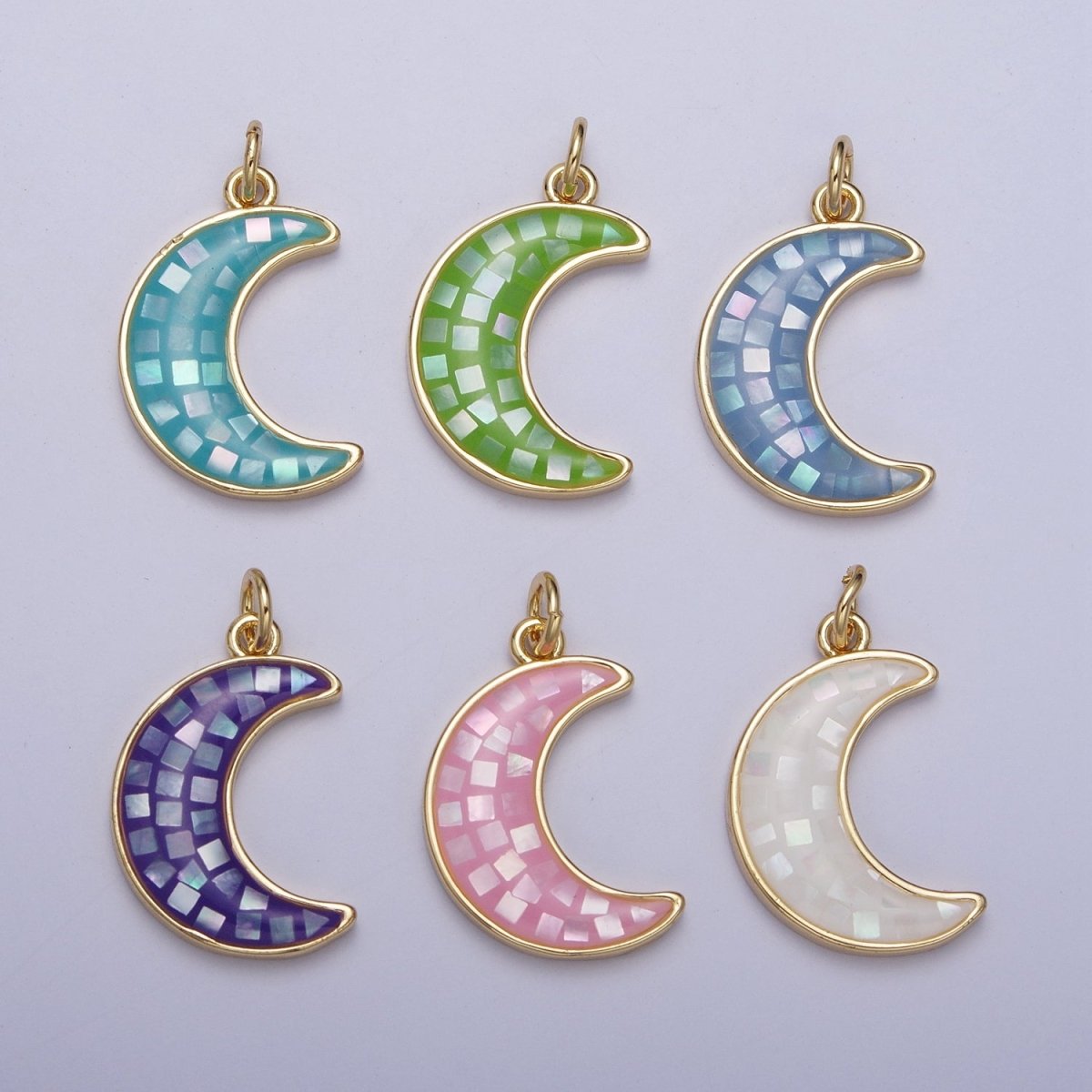 Blue, White, Pink, Purple, Green, Light Blue Opal Celestial Crescent Moon Gold Charm For Jewelry Making AG-030~AG-035