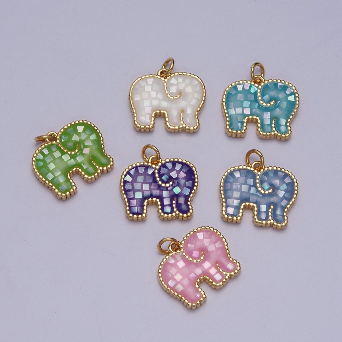 Blue, White, Pink, Purple, Green, Light Blue Opal Elephant Wildlife Gold Charm For Jewelry Making AG-042~AG-047