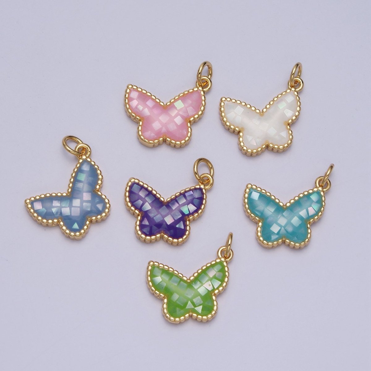 Blue, White, Pink, Purple, Green, Light Blue Opal Mariposa Butterfly Gold Charm For Jewelry Making AG-036~AG-041