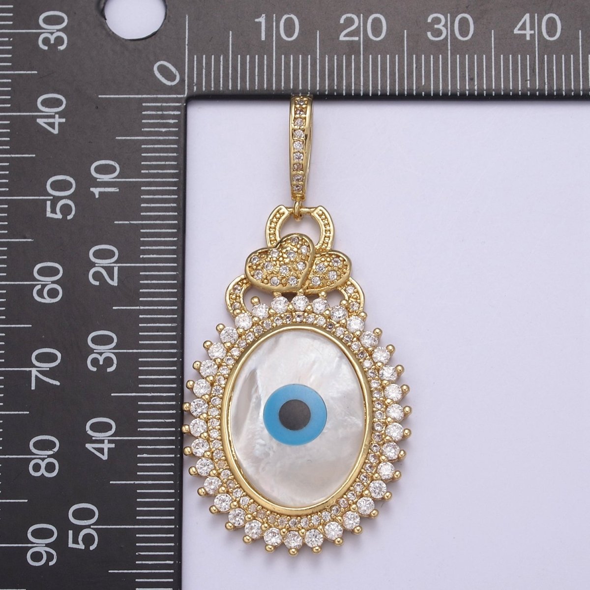 Bold 14K Gold Filled Evil Eye Pendant With Shell Pearl Encrusted with Clear Cubic Zirconia CZ Talisman Amulet Pendant For Statement Jewelry Necklace Making H-830 - DLUXCA