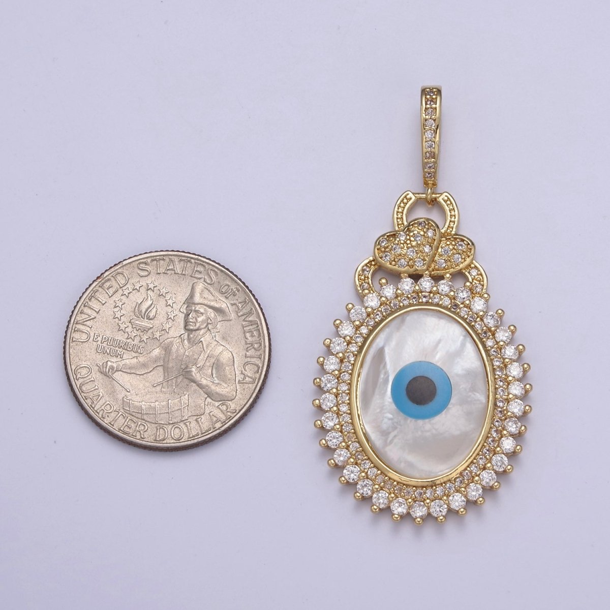 Bold 14K Gold Filled Evil Eye Pendant With Shell Pearl Encrusted with Clear Cubic Zirconia CZ Talisman Amulet Pendant For Statement Jewelry Necklace Making H-830 - DLUXCA