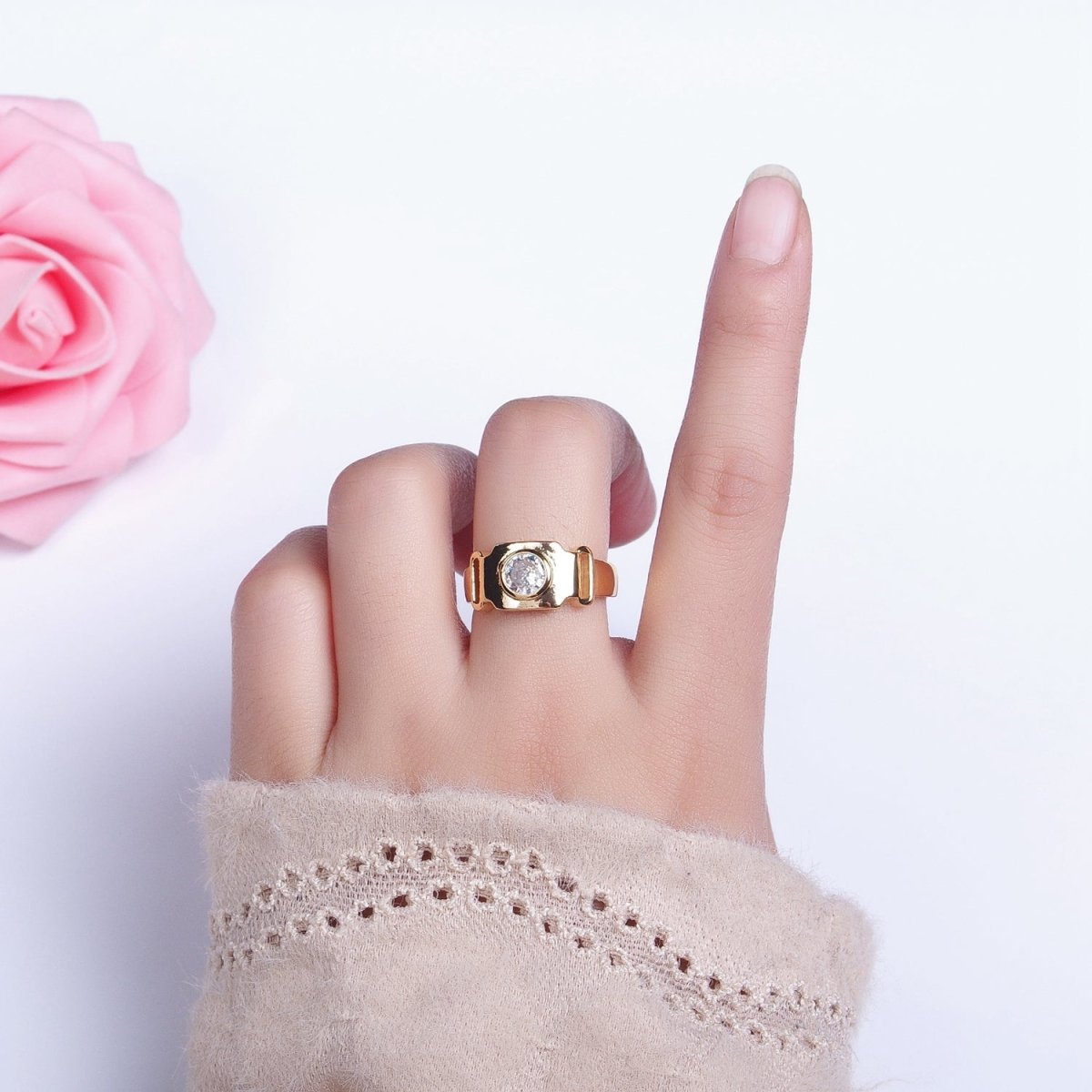 Bold Buckle Gold Ring for Statement Jewelry with Clear CZ Stone Open Adjustable Ring O-1553 O-1554