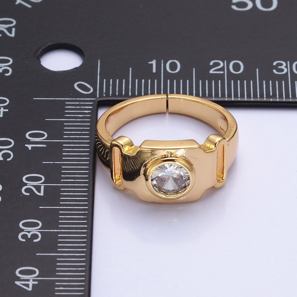 Bold Buckle Gold Ring for Statement Jewelry with Clear CZ Stone Open Adjustable Ring O-1553 O-1554