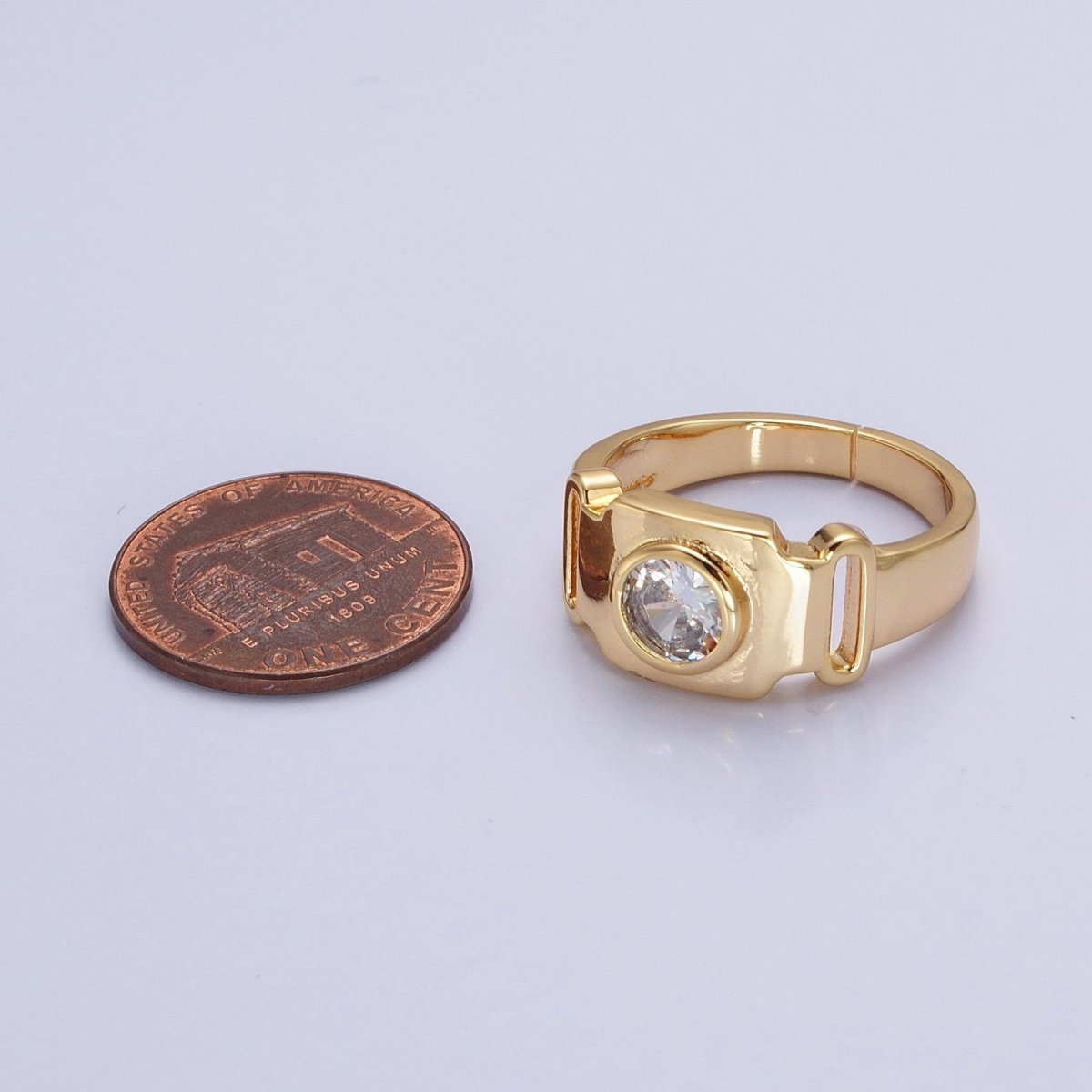 Bold Buckle Gold Ring for Statement Jewelry with Clear CZ Stone Open Adjustable Ring O-1553 O-1554