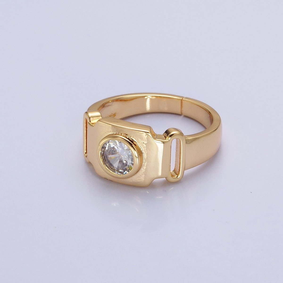 Bold Buckle Gold Ring for Statement Jewelry with Clear CZ Stone Open Adjustable Ring O-1553 O-1554