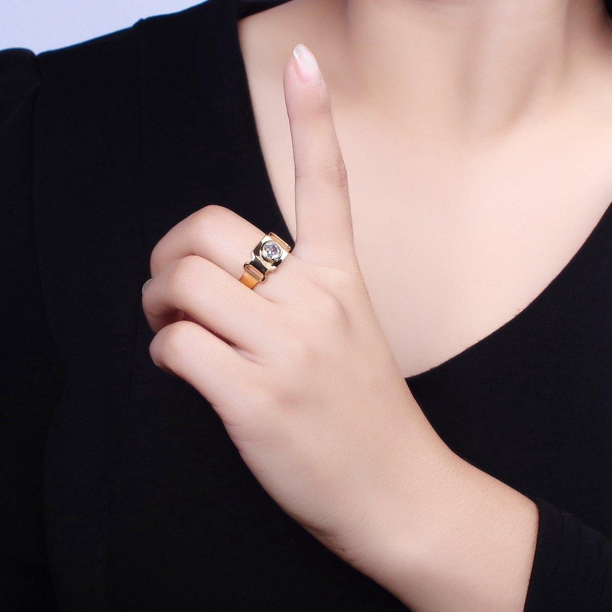 Bold Buckle Gold Ring for Statement Jewelry with Clear CZ Stone Open Adjustable Ring O-1553 O-1554