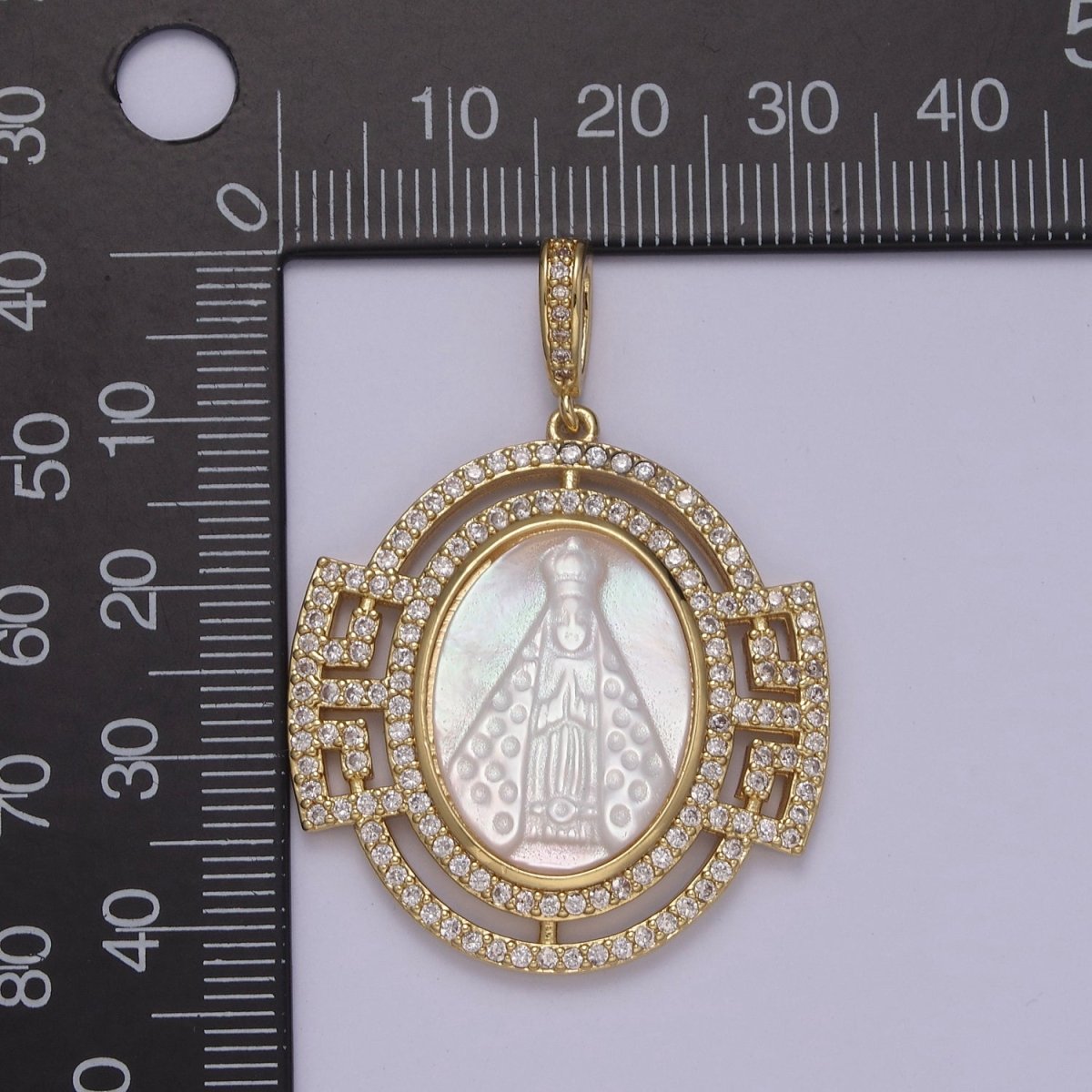 Bold Chunky Medallion Gold Filled Cubic Zirconia Mother Of Pearl Virgin Mary Lady of Guadalupe Pendant Necklace for Religious Jewelry Making N-575 - DLUXCA