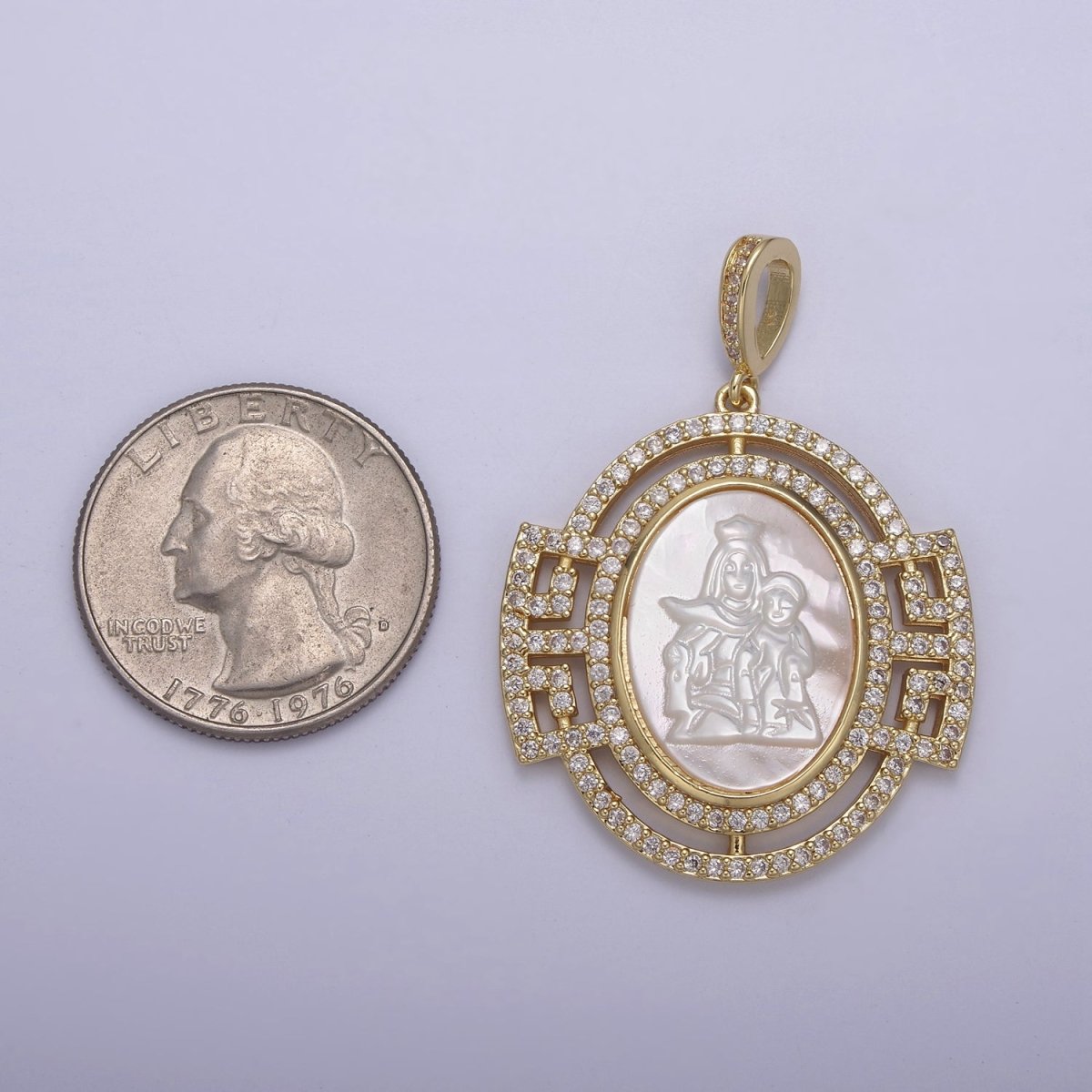 Bold Chunky Medallion Gold Filled Cubic Zirconia Mother Of Pearl Virgin Mary With Baby Jesus Pendant Necklace for Religious Jewelry Making N-558 - DLUXCA