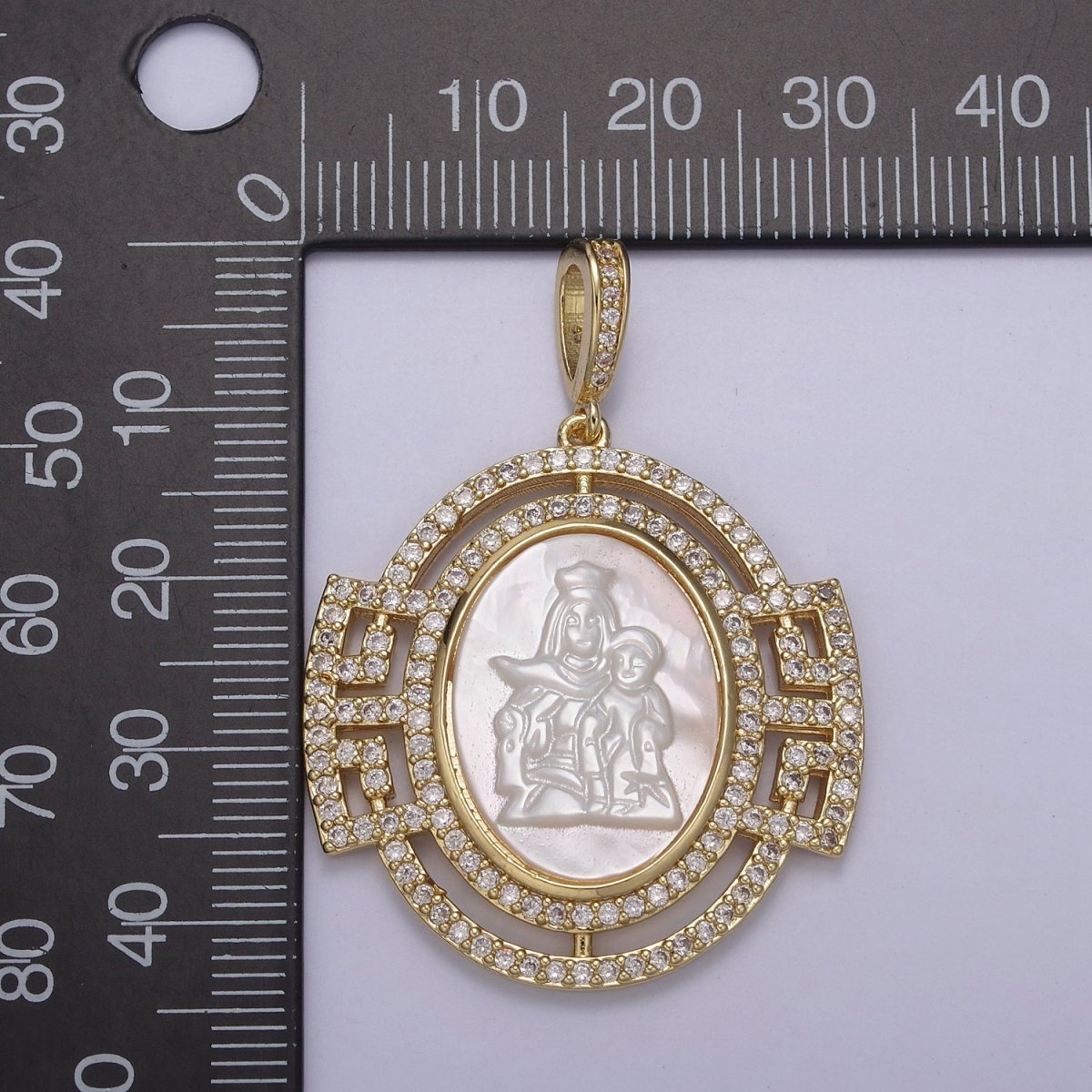 Bold Chunky Medallion Gold Filled Cubic Zirconia Mother Of Pearl Virgin Mary With Baby Jesus Pendant Necklace for Religious Jewelry Making N-558 - DLUXCA