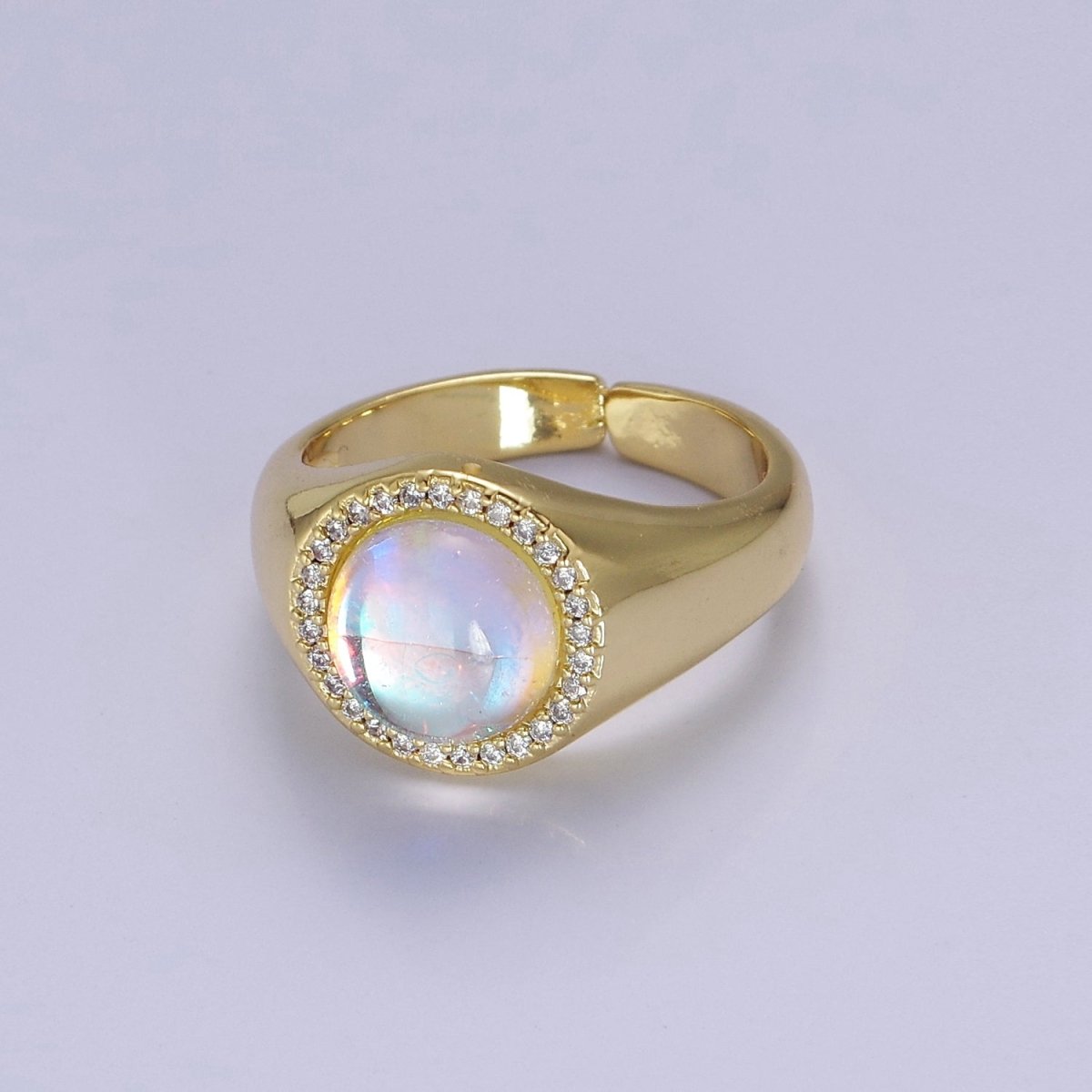 Bold Rainbow Moonstone Ring, Statement Signet Gold Ring Stackable Open Adjustable Ring O-2109 - DLUXCA