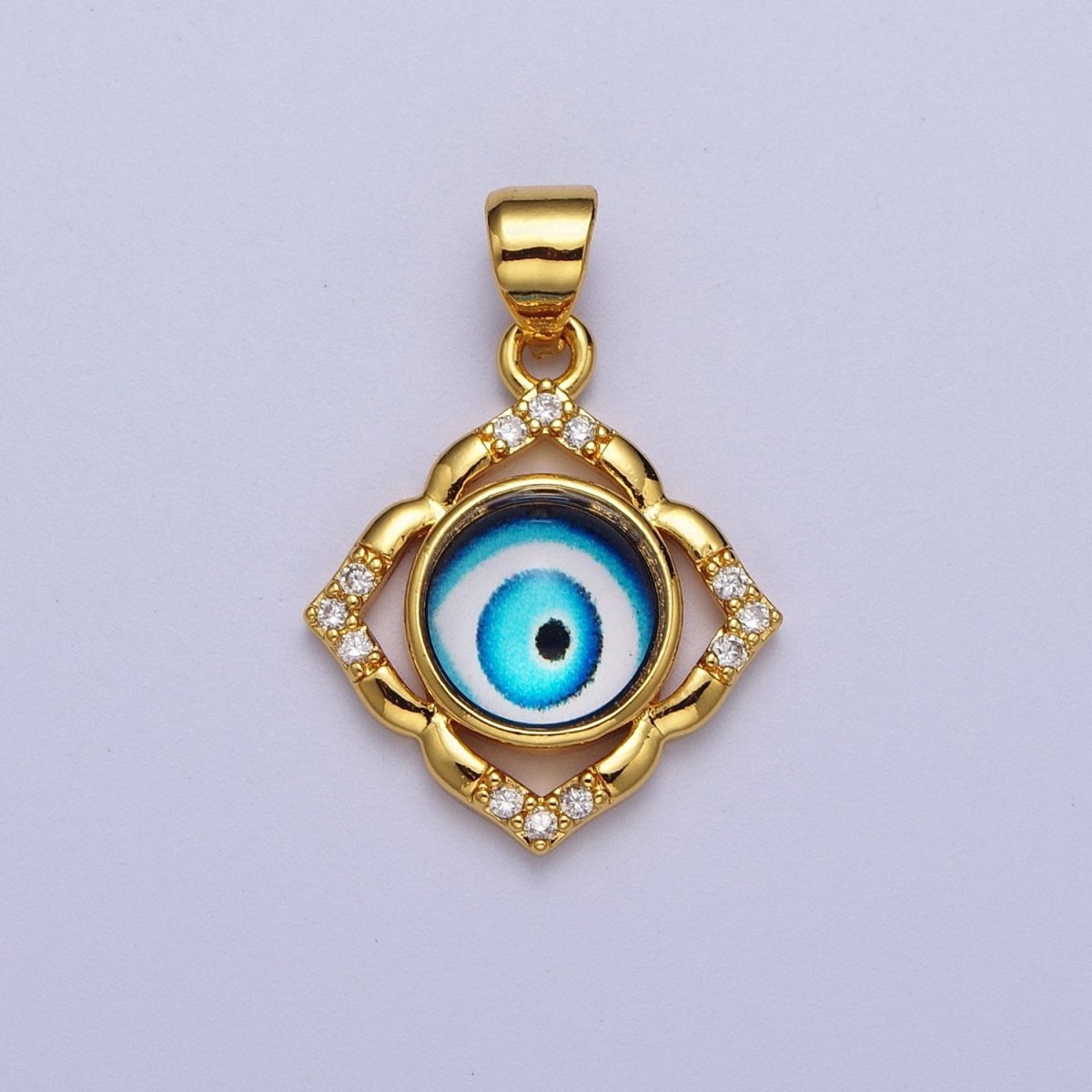 Bright Blue Evil Eye Gold Floral Patterned Pendant, 24K Gold Filled Blue Hypnotic Eye of Ra Clear Micro Paved CZ Florette Charm | X-685 - DLUXCA