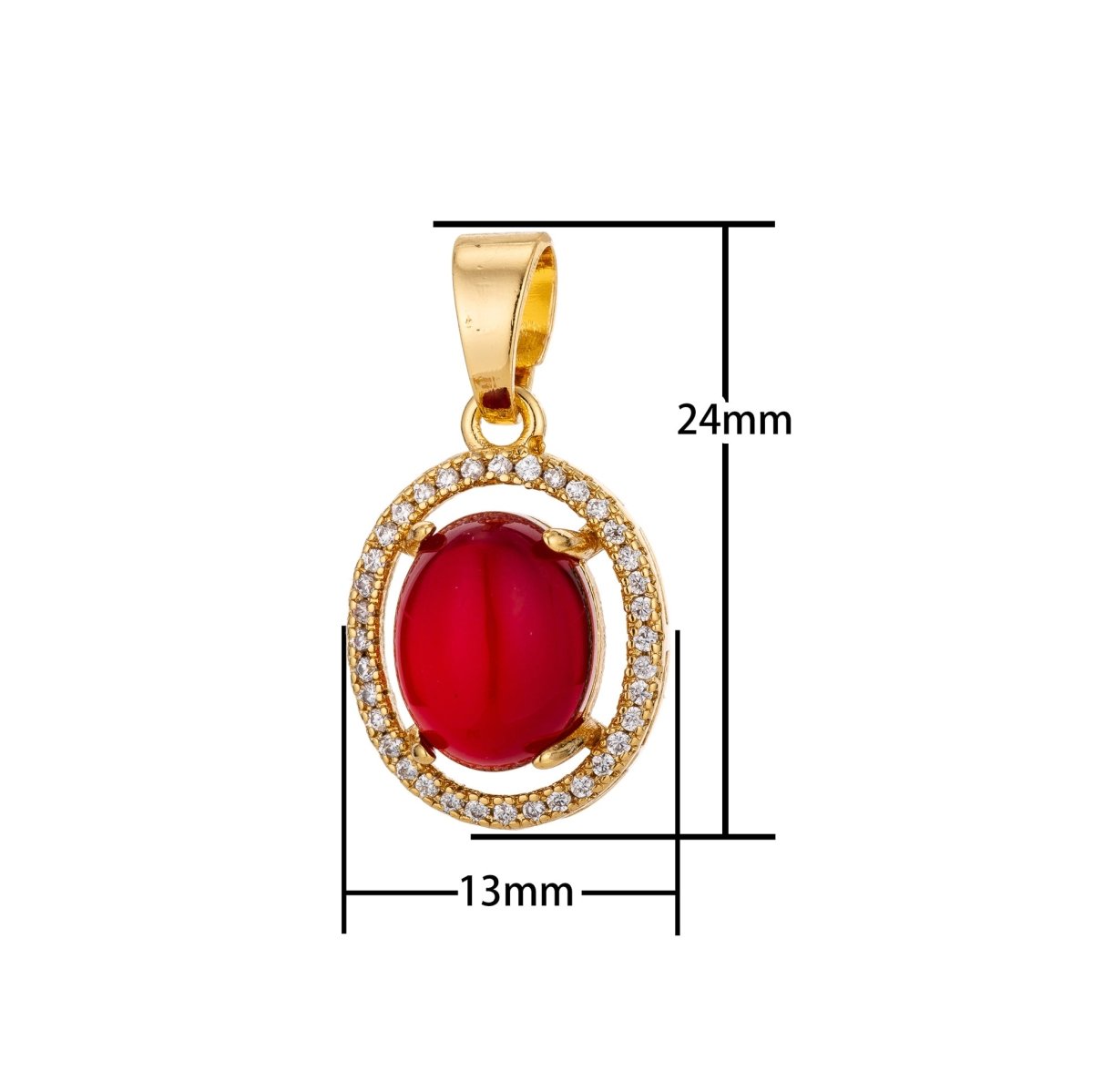 Bright Red 18K Gold Filled Oval Shape Charm Pendant w/ Bails Pave Cubic Zirconia Ladies Necklace for Jewelry Making H-806
