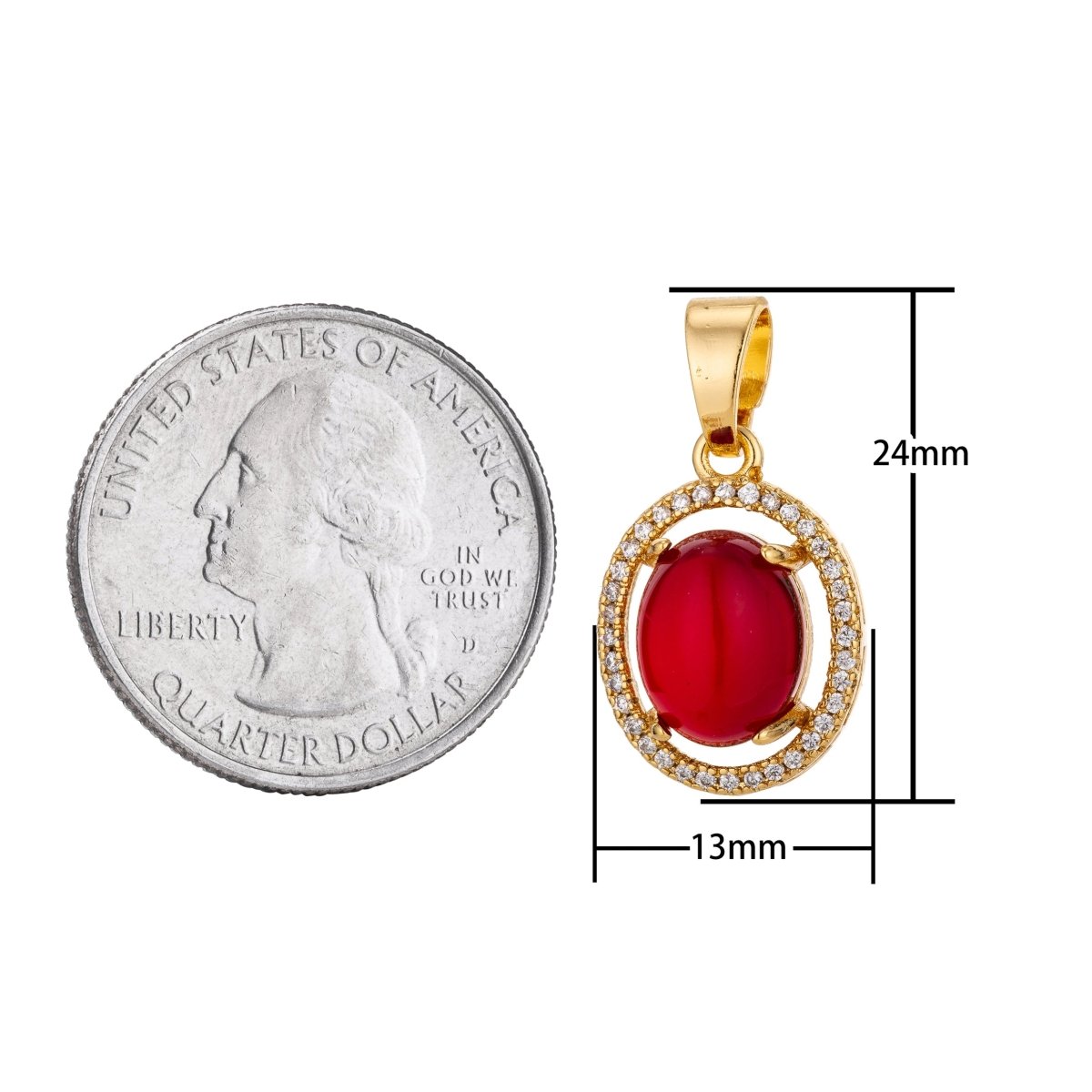 Bright Red 18K Gold Filled Oval Shape Charm Pendant w/ Bails Pave Cubic Zirconia Ladies Necklace for Jewelry Making H-806
