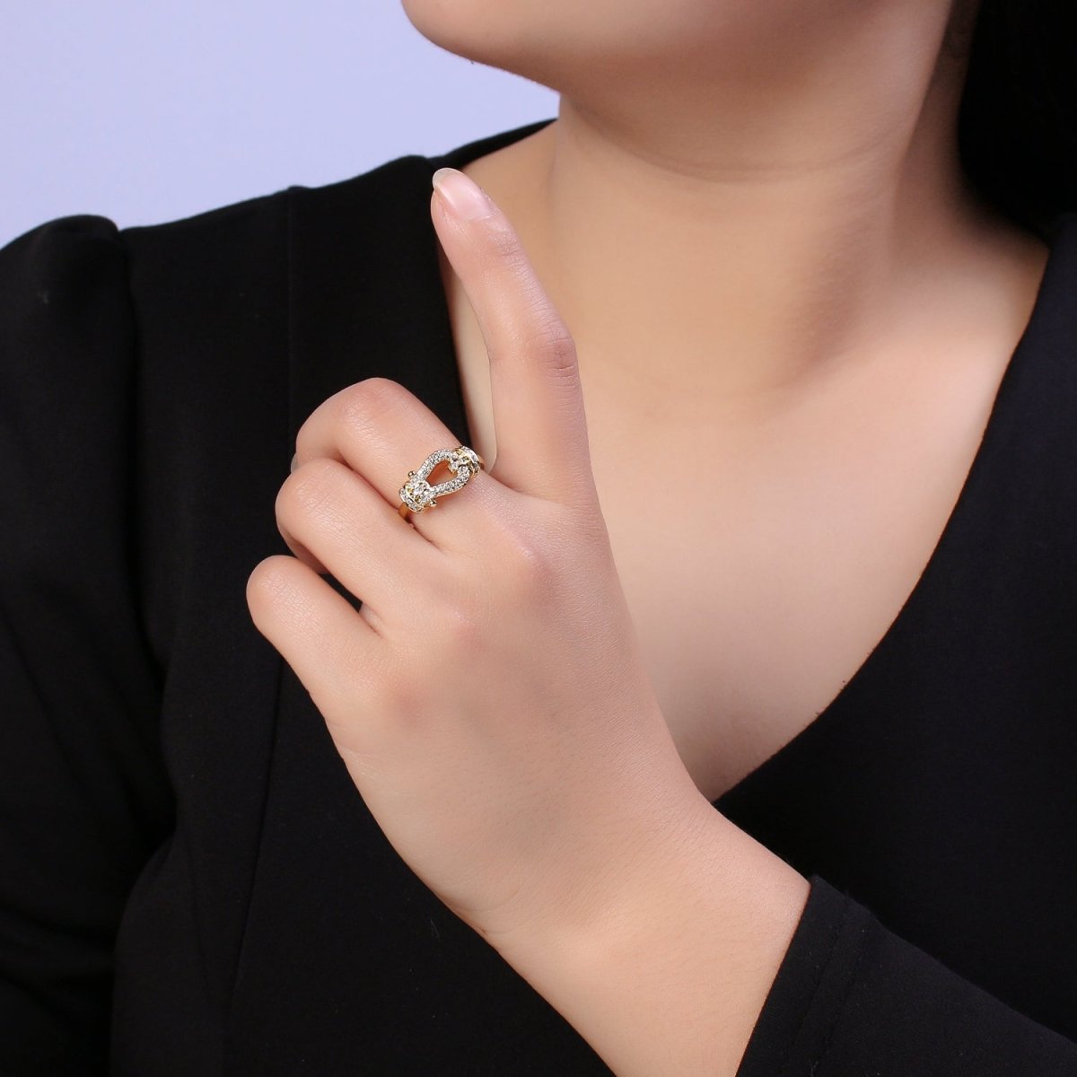 Buckle Ring in 14k Gold Filled Micro Pave Midi Ring / Diamond CZ Belt Buckle Ring for Women Open Adjustable Jewelry S-435 - DLUXCA