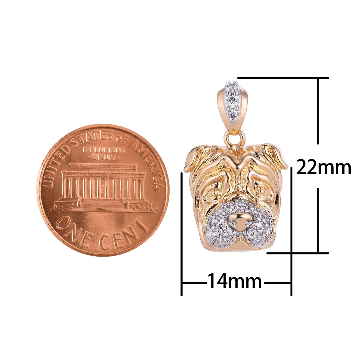 Bulldog Pendant 18k Gold Filled Dog Charm with Crystal CZ Necklace Bracelet Findings with Bail for Jewelry Making H-610