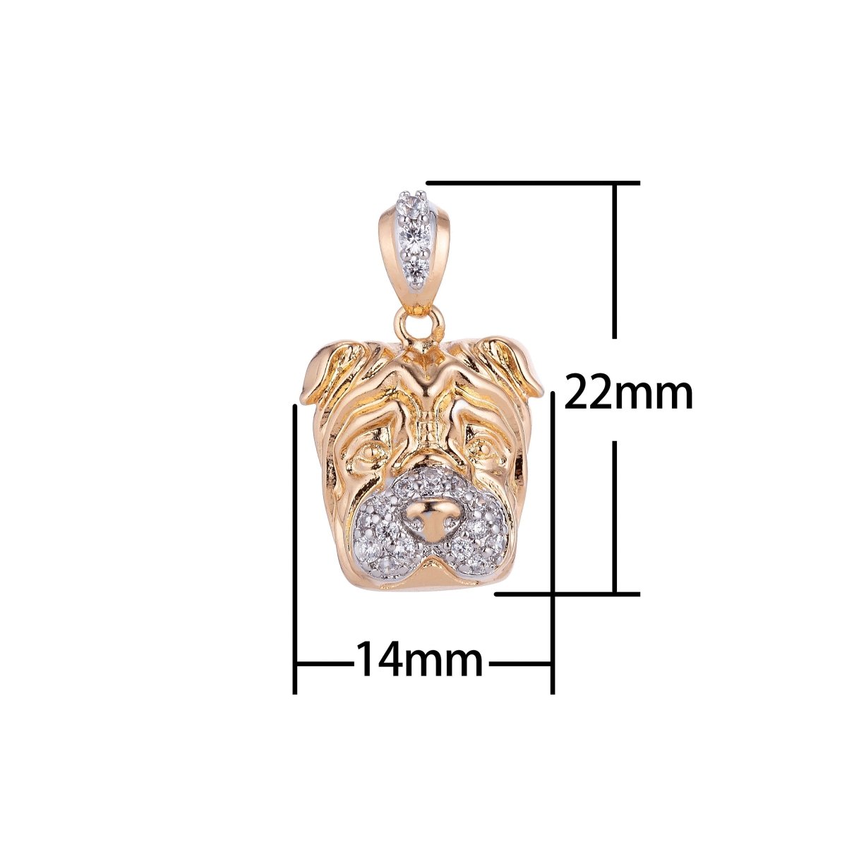 Bulldog Pendant 18k Gold Filled Dog Charm with Crystal CZ Necklace Bracelet Findings with Bail for Jewelry Making H-610