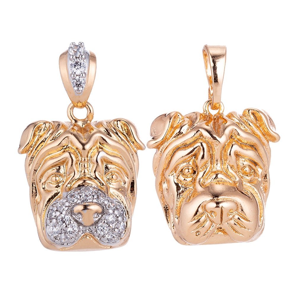 Bulldog Pendant 18k Gold Filled Dog Charm with Crystal CZ Necklace Bracelet Findings with Bail for Jewelry Making H-610