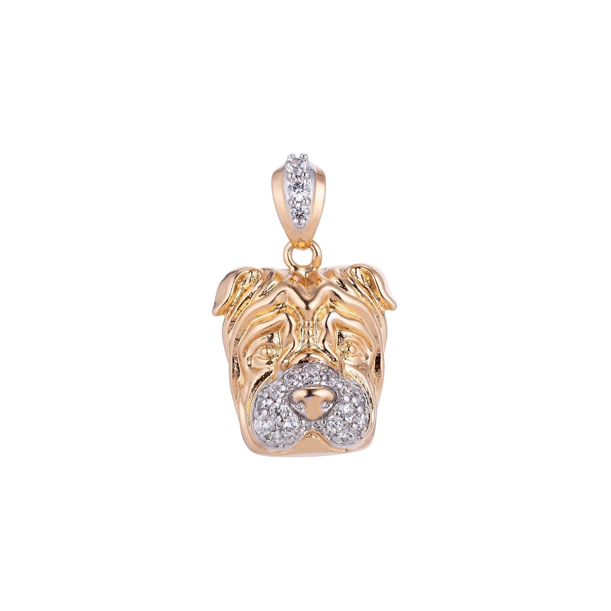 Bulldog Pendant 18k Gold Filled Dog Charm with Crystal CZ Necklace Bracelet Findings with Bail for Jewelry Making H-610