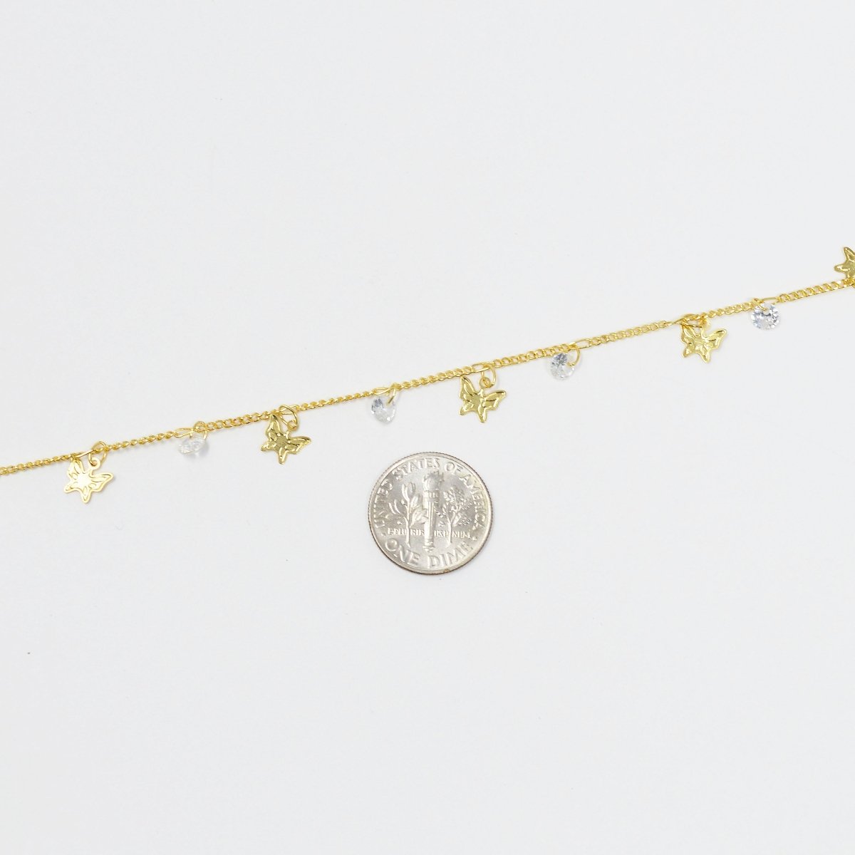 Butterfly 24K Gold Filled Cubic CURB Chain by Yard, Monarch CZ Charm Specialty Link Chain by Foot, Moth 6.9X6mm Chain 0.7mm Thick Designed Chain | ROLL-413 Clearance Pricing