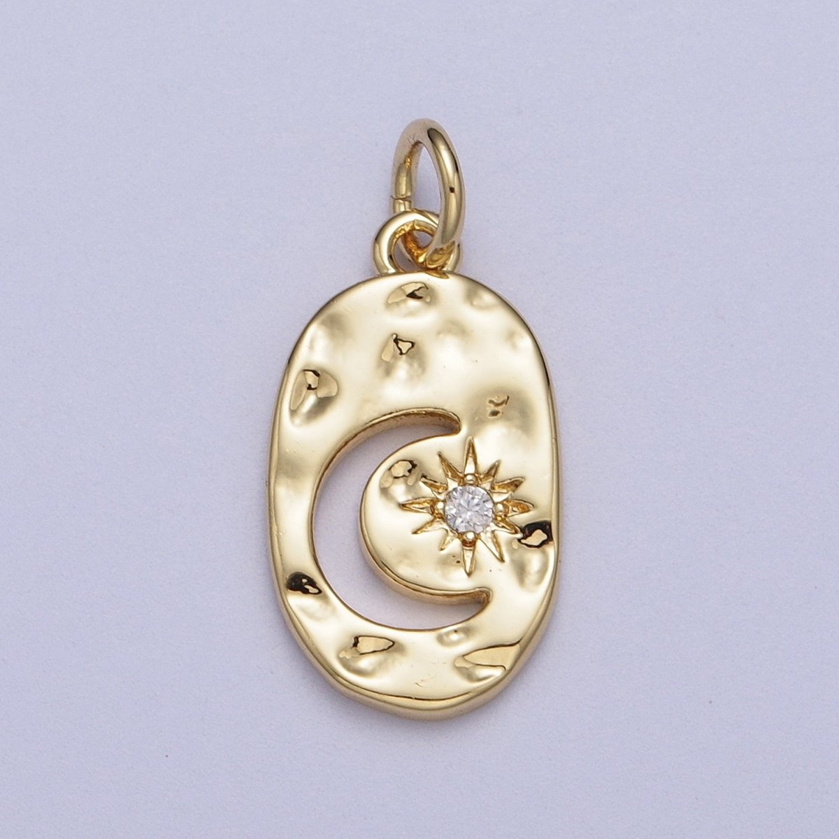 Celestial Crescent Moon CZ Star Hammered Oval Charm in Gold & Silver | AC058