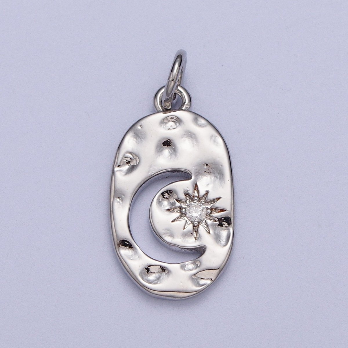 Celestial Crescent Moon CZ Star Hammered Oval Charm in Gold & Silver | AC058