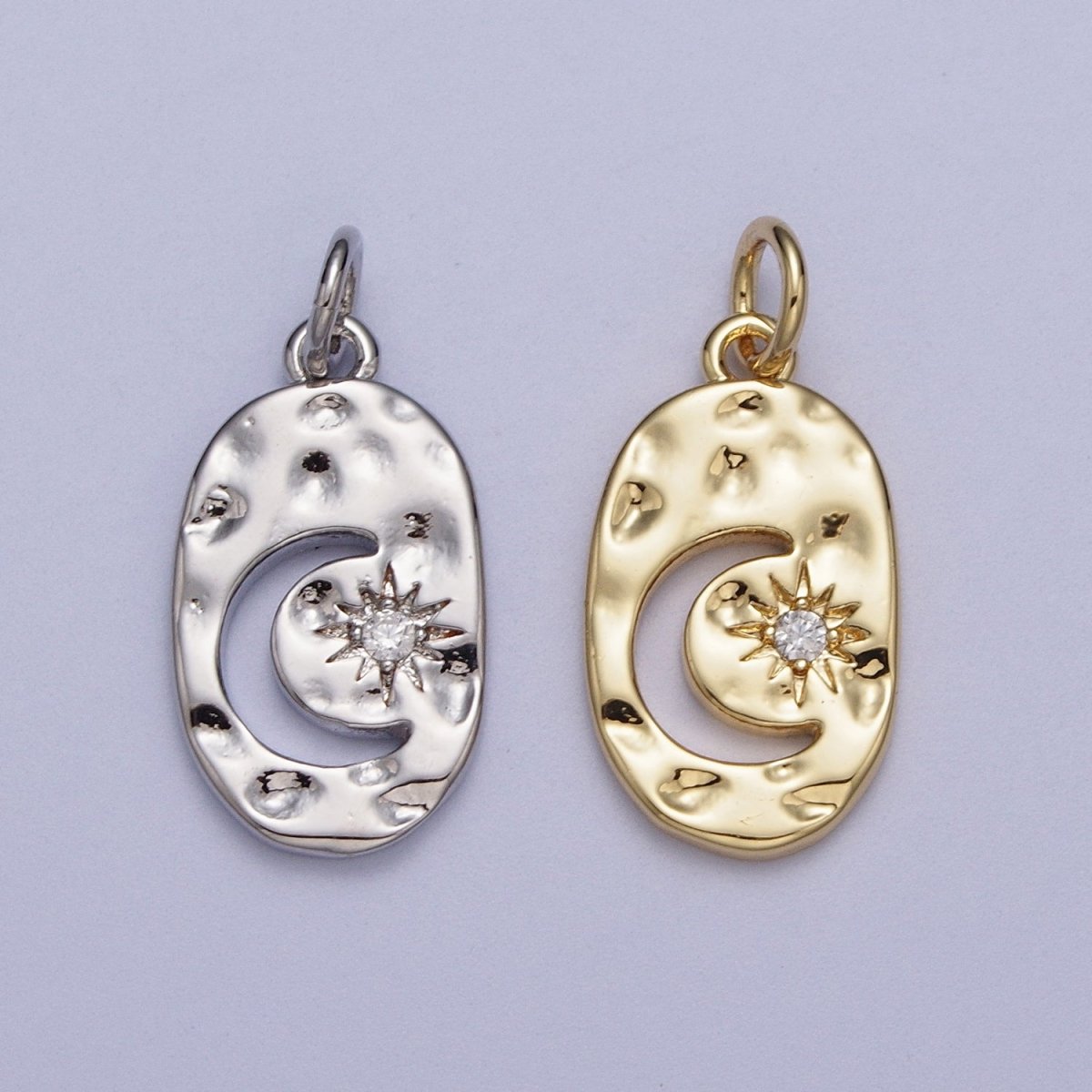 Celestial Crescent Moon CZ Star Hammered Oval Charm in Gold & Silver | AC058