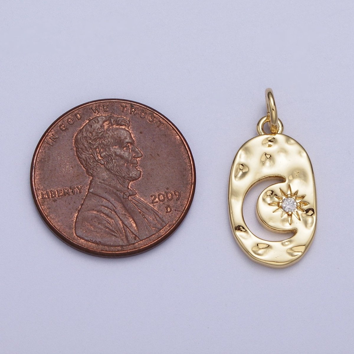 Celestial Crescent Moon CZ Star Hammered Oval Charm in Gold & Silver | AC058