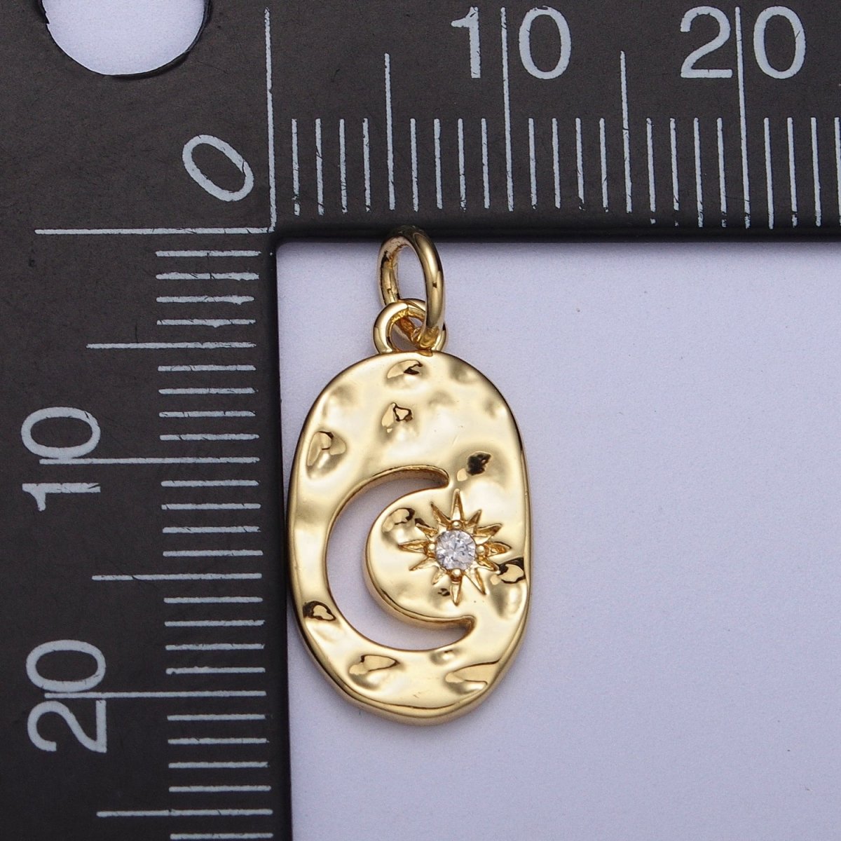 Celestial Crescent Moon CZ Star Hammered Oval Charm in Gold & Silver | AC058