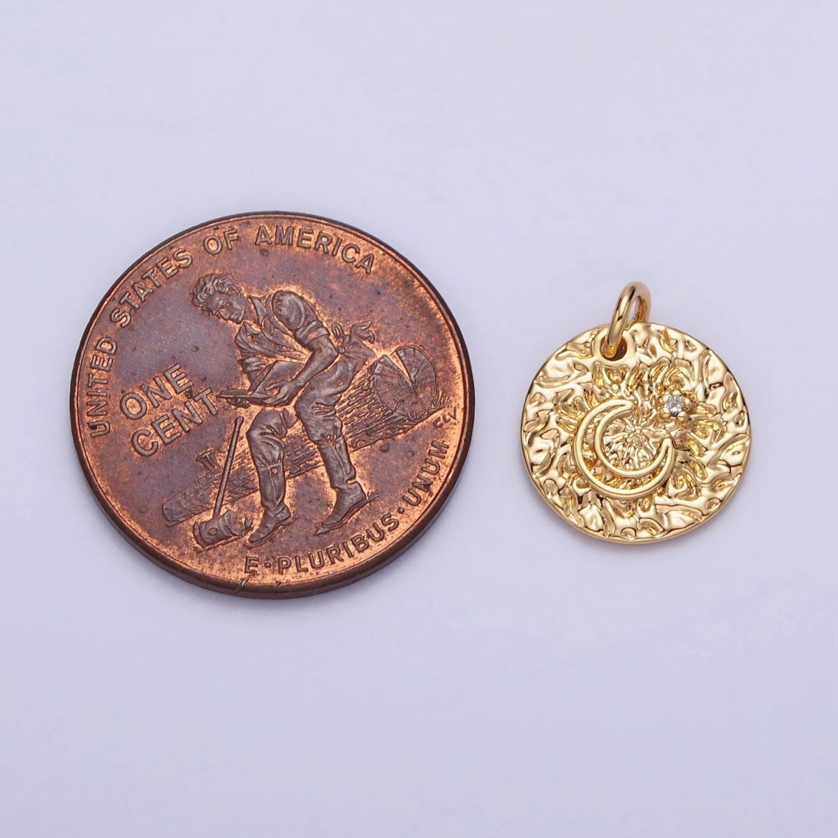 Celestial Crescent Moon Hammered Round Disc Charm in Silver & Gold | AC229 AC302