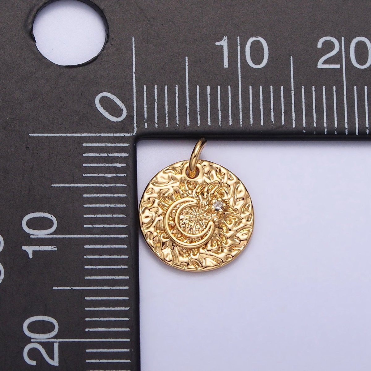 Celestial Crescent Moon Hammered Round Disc Charm in Silver & Gold | AC229 AC302