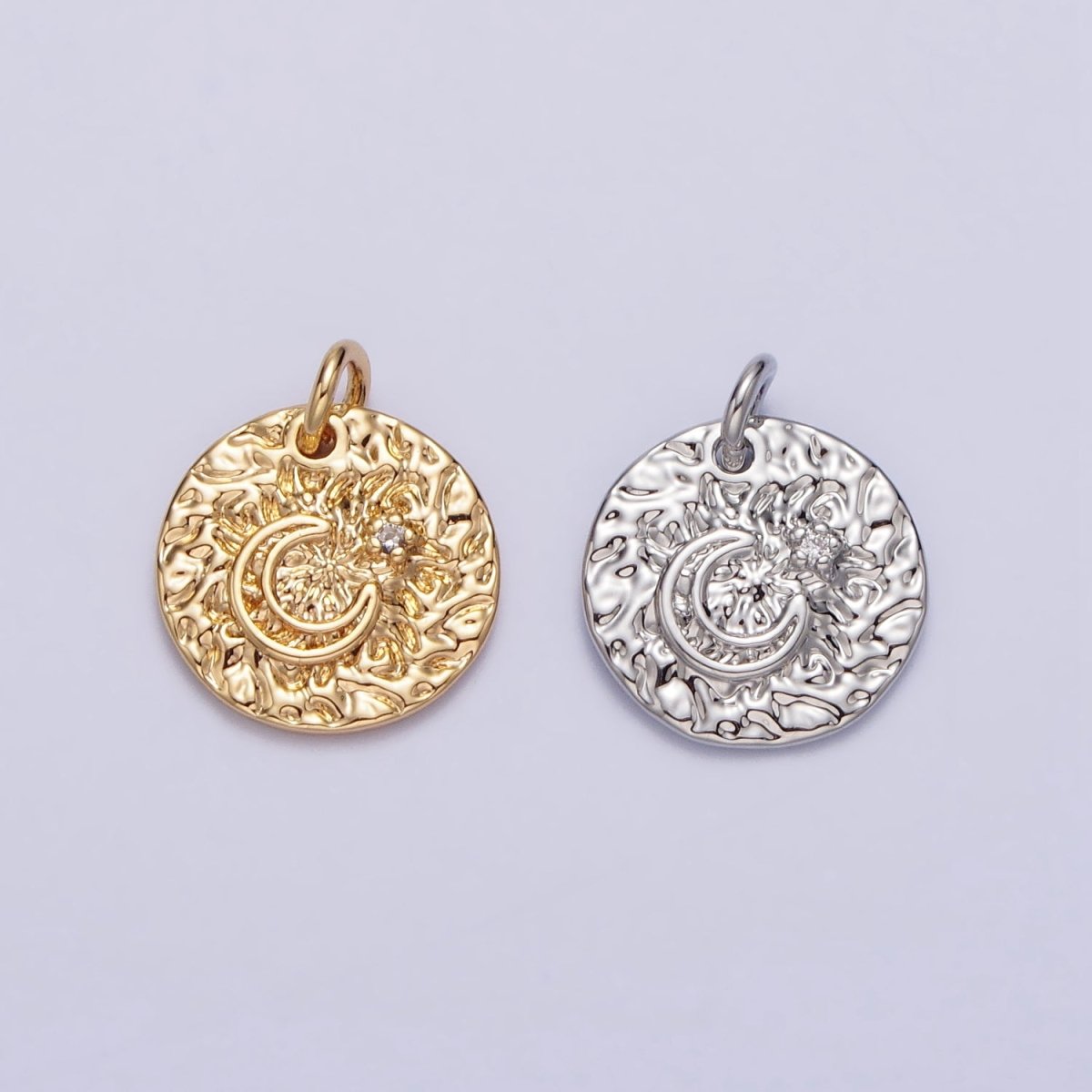 Celestial Crescent Moon Hammered Round Disc Charm in Silver & Gold | AC229 AC302