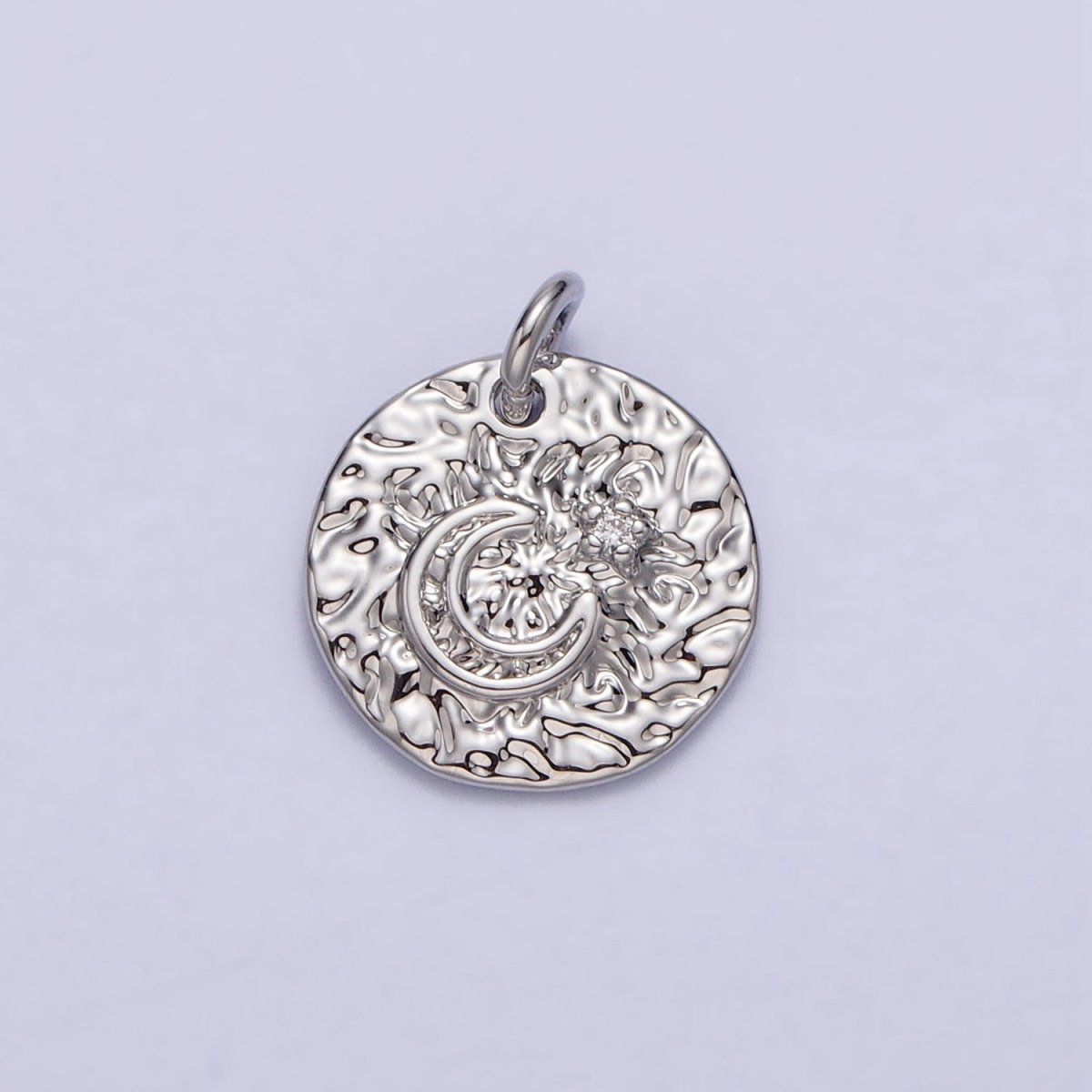 Celestial Crescent Moon Hammered Round Disc Charm in Silver & Gold | AC229 AC302
