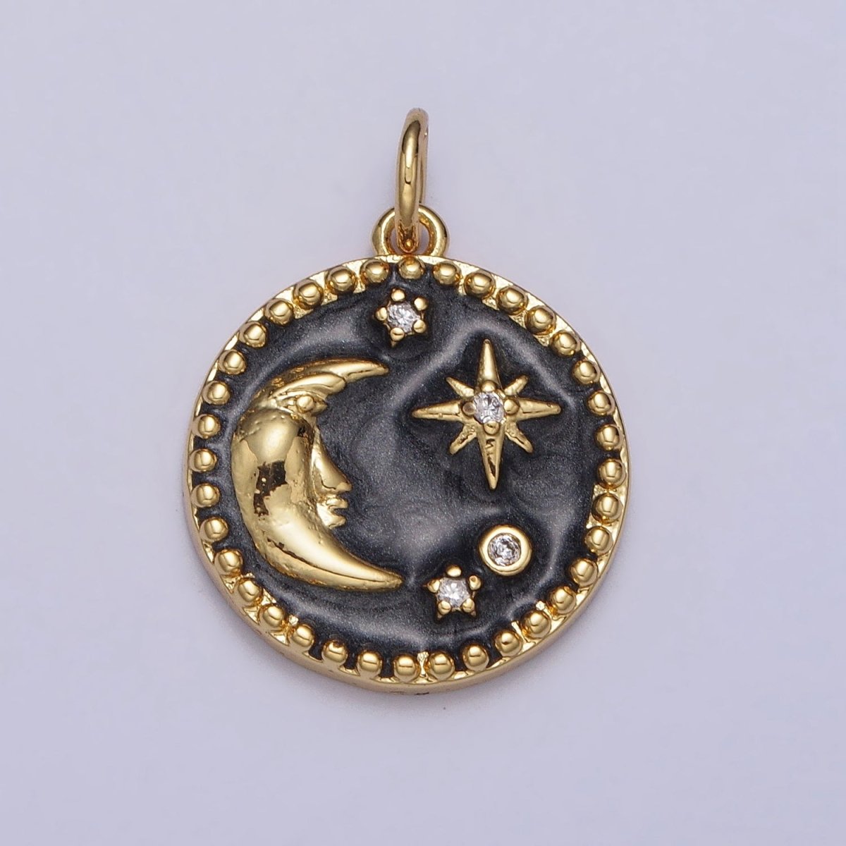 Celestial Crescent Moon Stars Round Black Enamel Charm in Gold & Silver | AC254 AC255