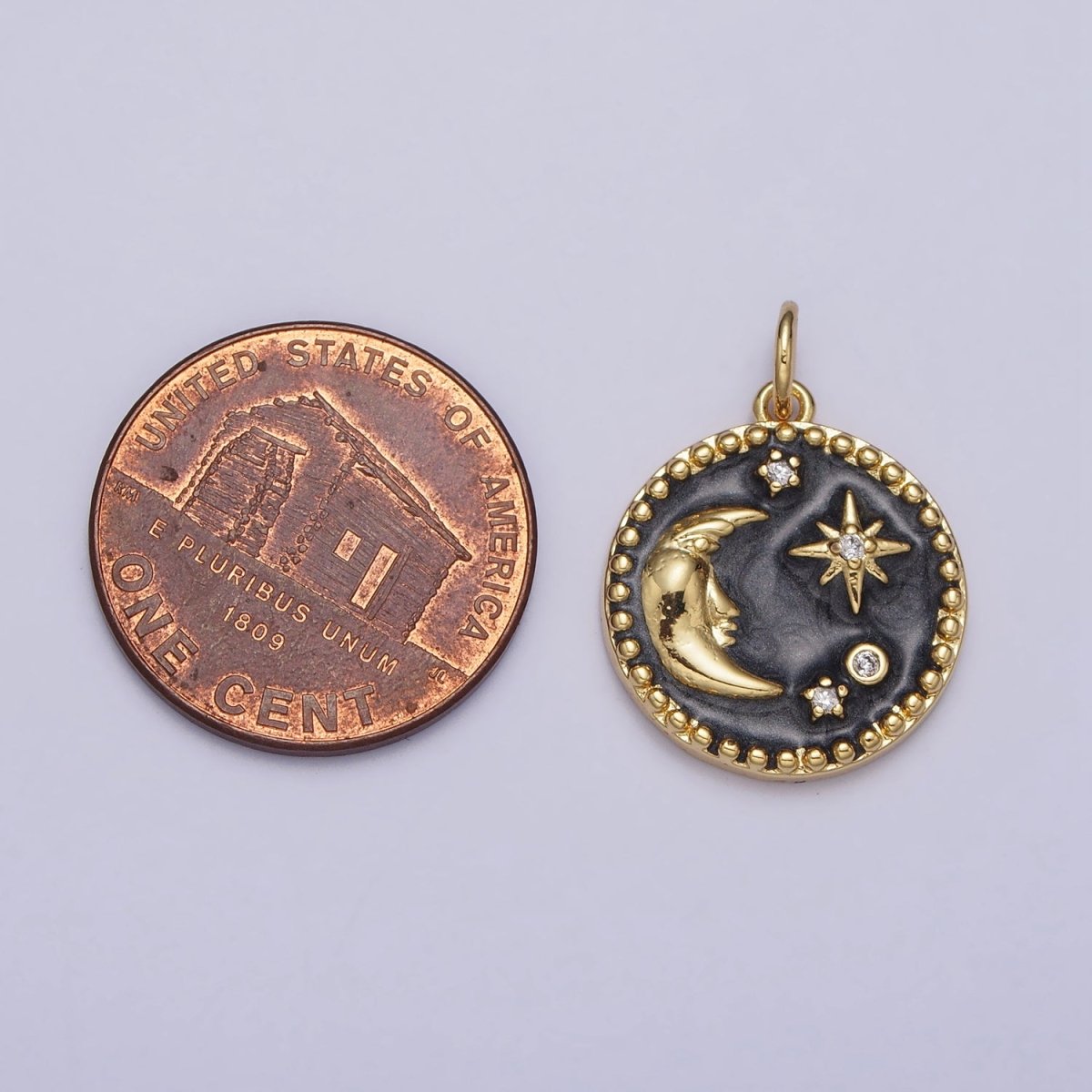 Celestial Crescent Moon Stars Round Black Enamel Charm in Gold & Silver | AC254 AC255