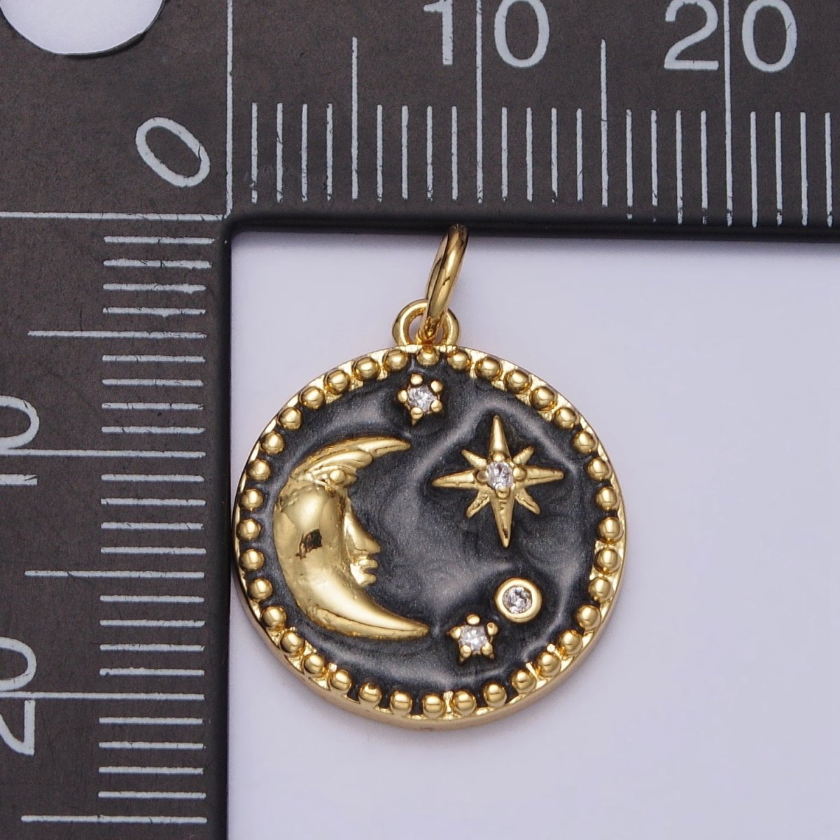 Celestial Crescent Moon Stars Round Black Enamel Charm in Gold & Silver | AC254 AC255