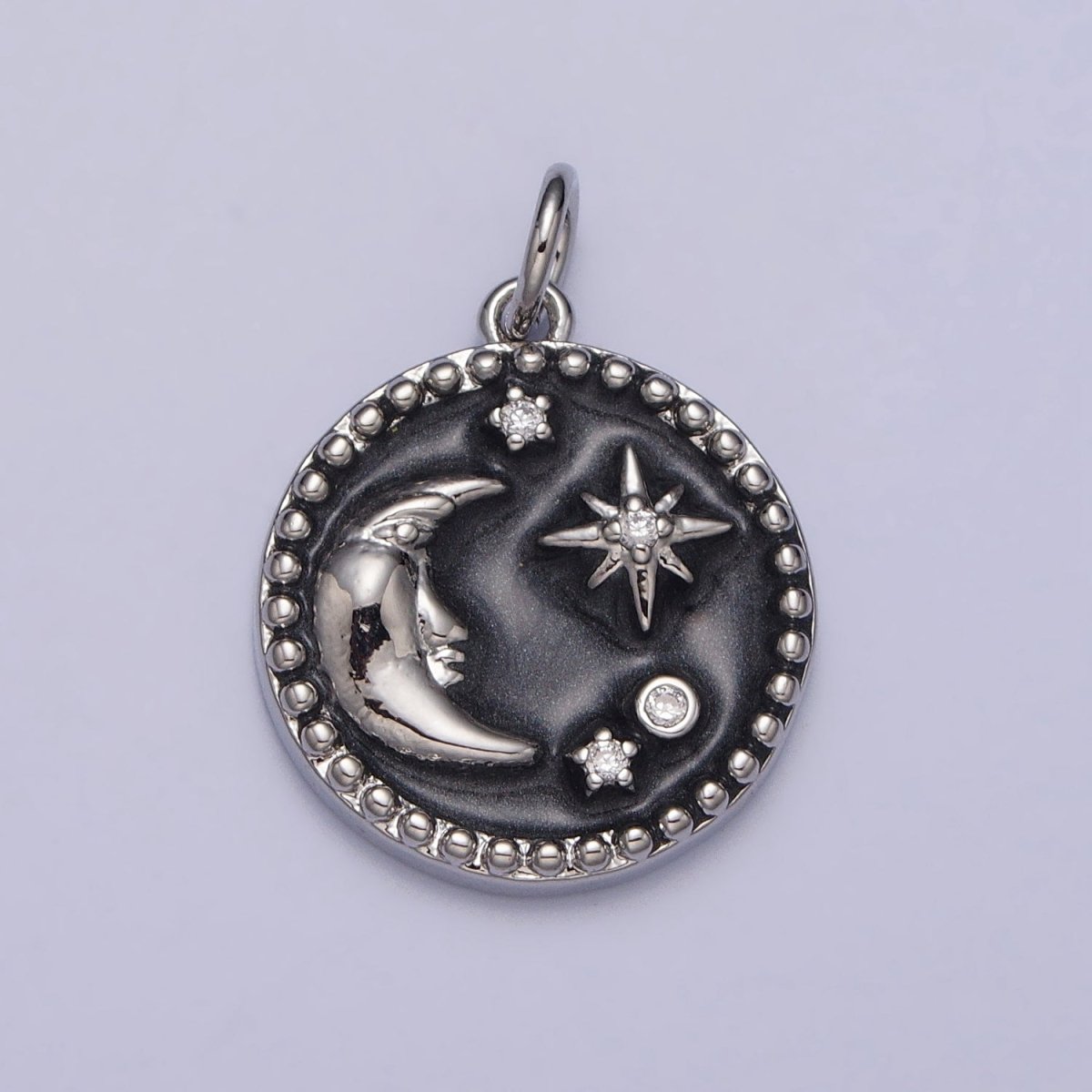 Celestial Crescent Moon Stars Round Black Enamel Charm in Gold & Silver | AC254 AC255