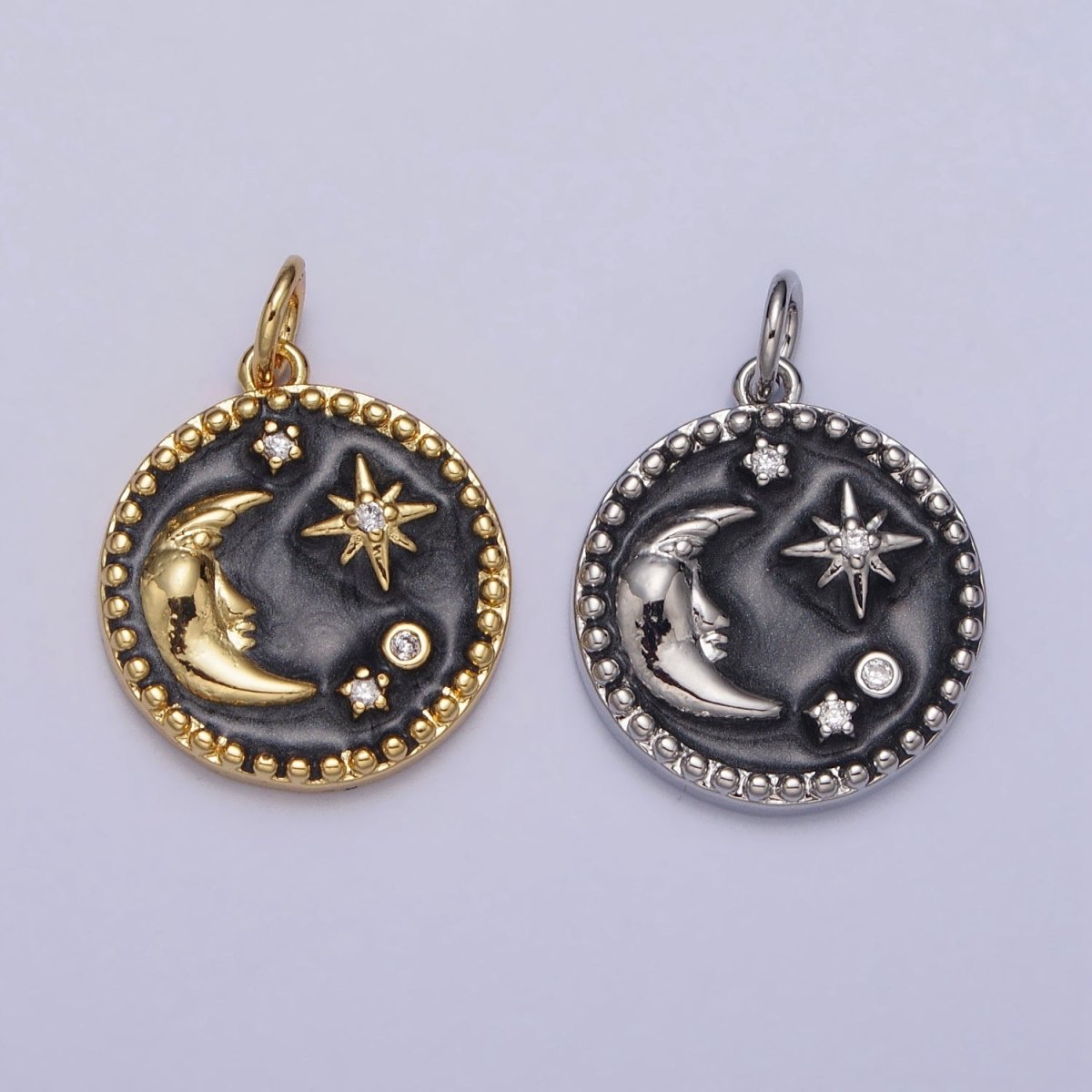 Celestial Crescent Moon Stars Round Black Enamel Charm in Gold & Silver | AC254 AC255