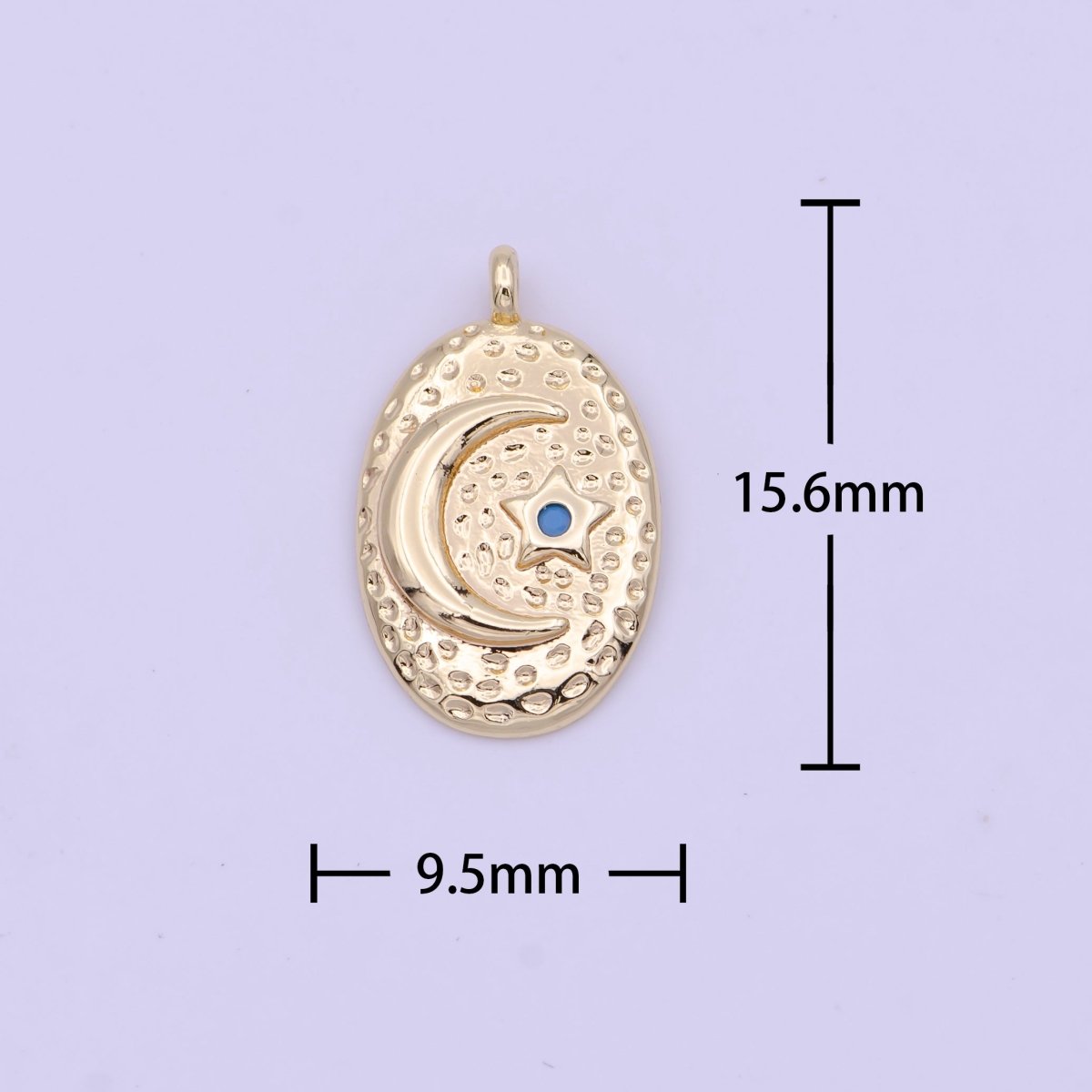 OS Celestial Crescent Moon Turquoise Star Dotted Hammered Textured Gold Oval Charm | N-632