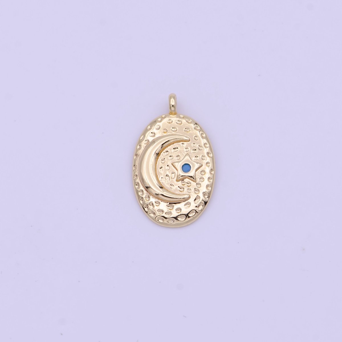 OS Celestial Crescent Moon Turquoise Star Dotted Hammered Textured Gold Oval Charm | N-632
