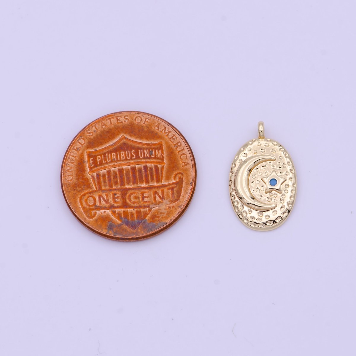 OS Celestial Crescent Moon Turquoise Star Dotted Hammered Textured Gold Oval Charm | N-632