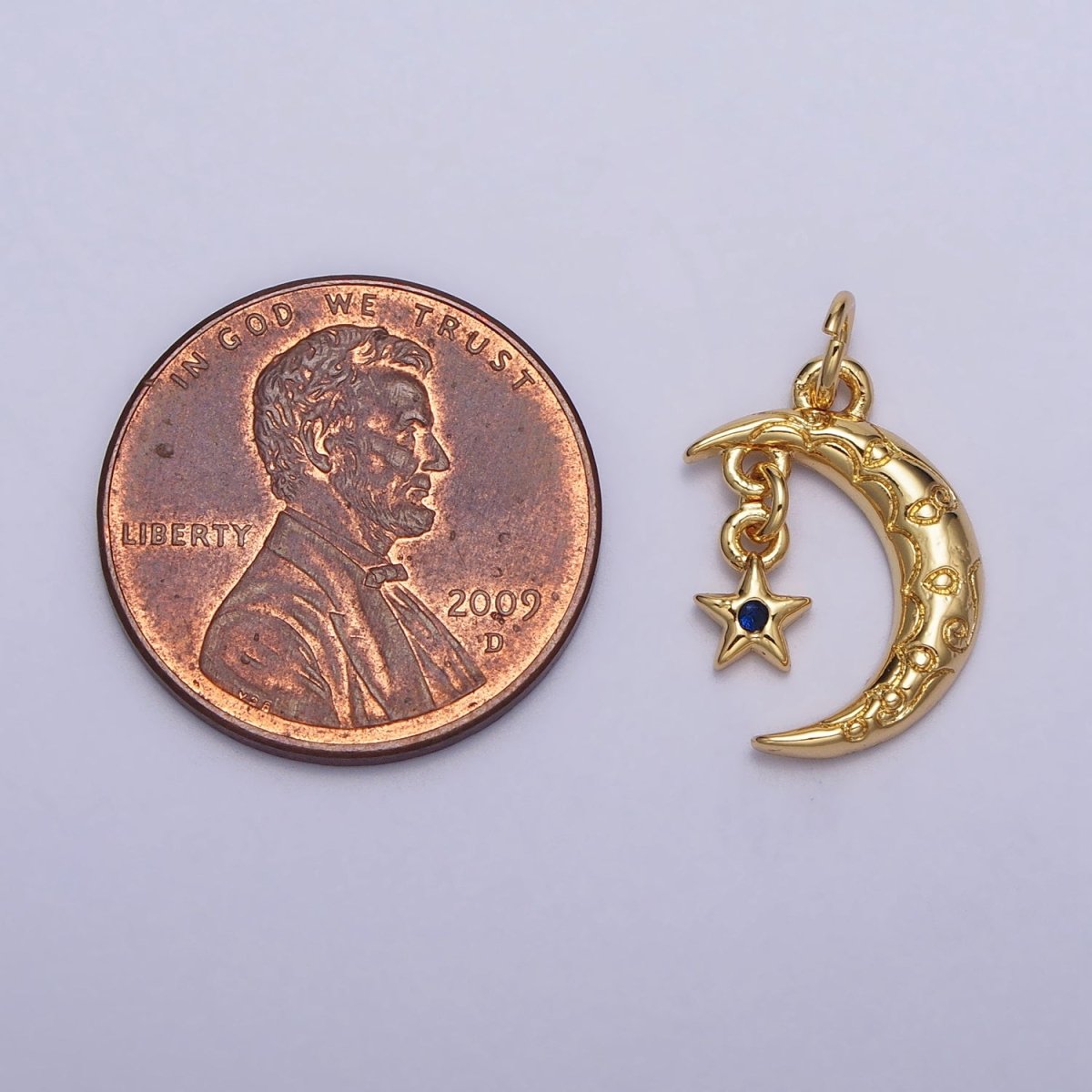 Celestial Engraved Crescent Moon Blue CZ Star Dangle Gold Add-On Charm | AC241 - DLUXCA