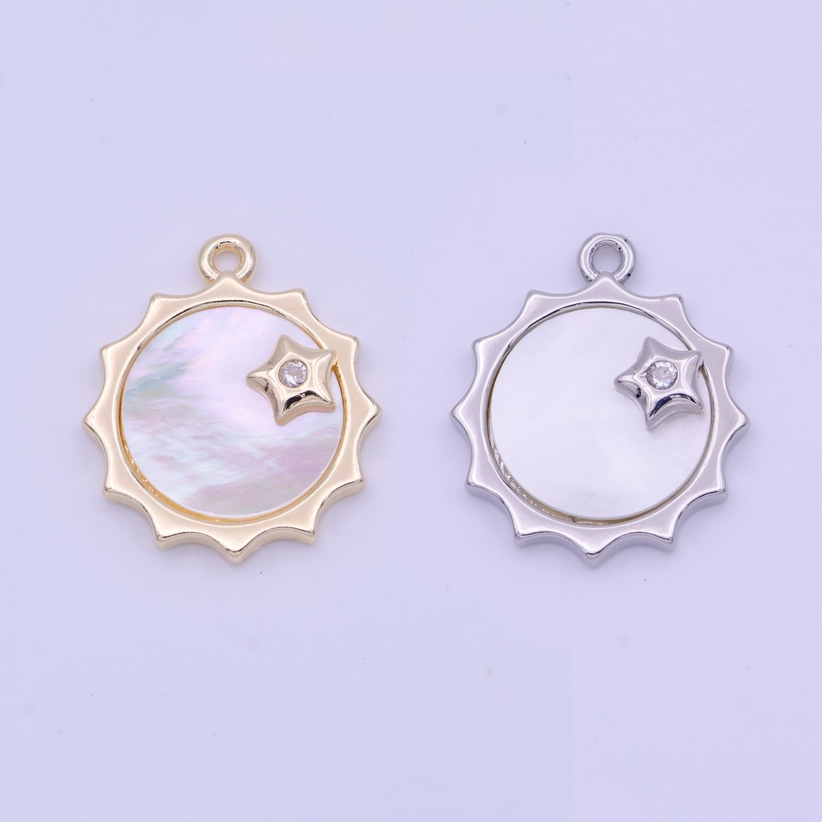 Celestial Shinning Shell Pearl Sun CZ Star Gold & Silver Charm | D-101 D-116