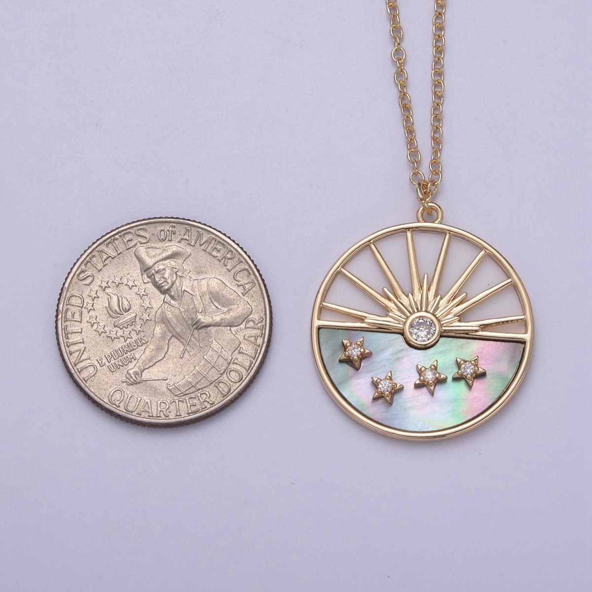 Celestial Sun Star CZ Abalone 16 Inch Cable Chain Necklace w. 2 Inch Extender | WA-598 - DLUXCA