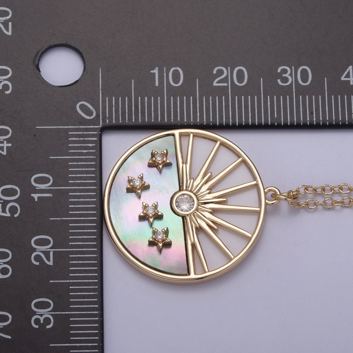 Celestial Sun Star CZ Abalone 16 Inch Cable Chain Necklace w. 2 Inch Extender | WA-598 - DLUXCA